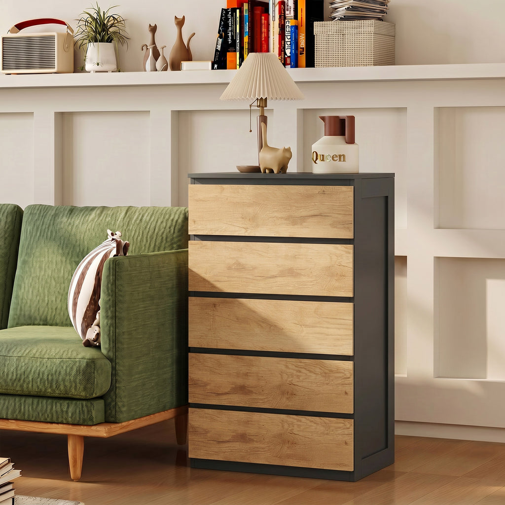 HOMCOM 5-Drawer Wooden Chest of Drawers with Metal Rails and Grooved Handles, 60x39x100 cm, Black and Oak