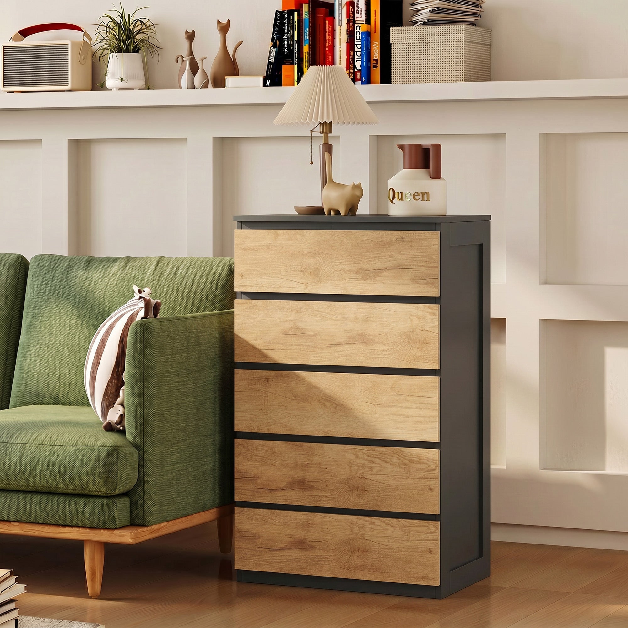 HOMCOM 5-Drawer Wooden Chest of Drawers with Metal Rails and Grooved Handles, 60x39x100 cm, Black and Oak