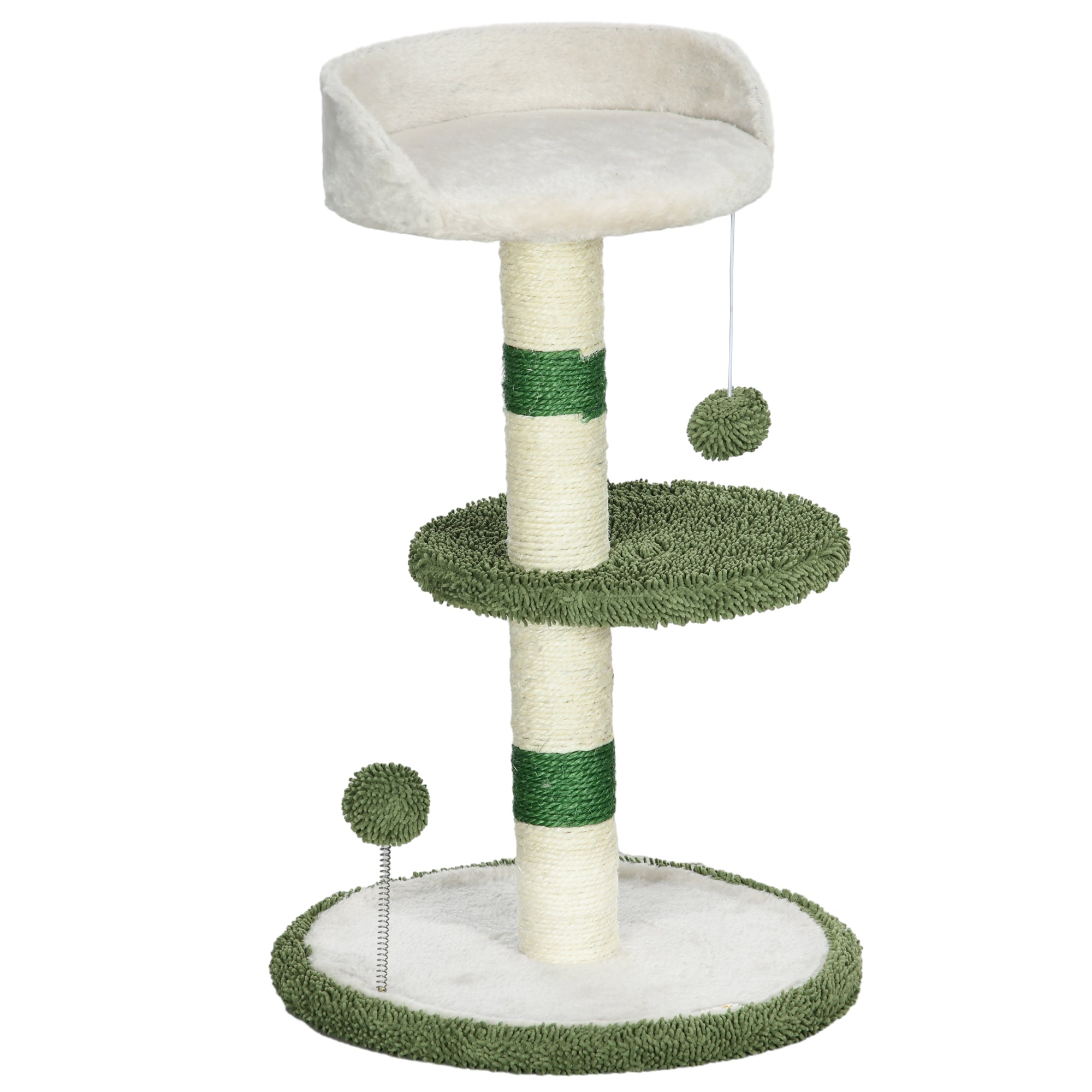 Cat Tree with Cat Bed, 2 Balls, Platform and Sisal Post, Green and White