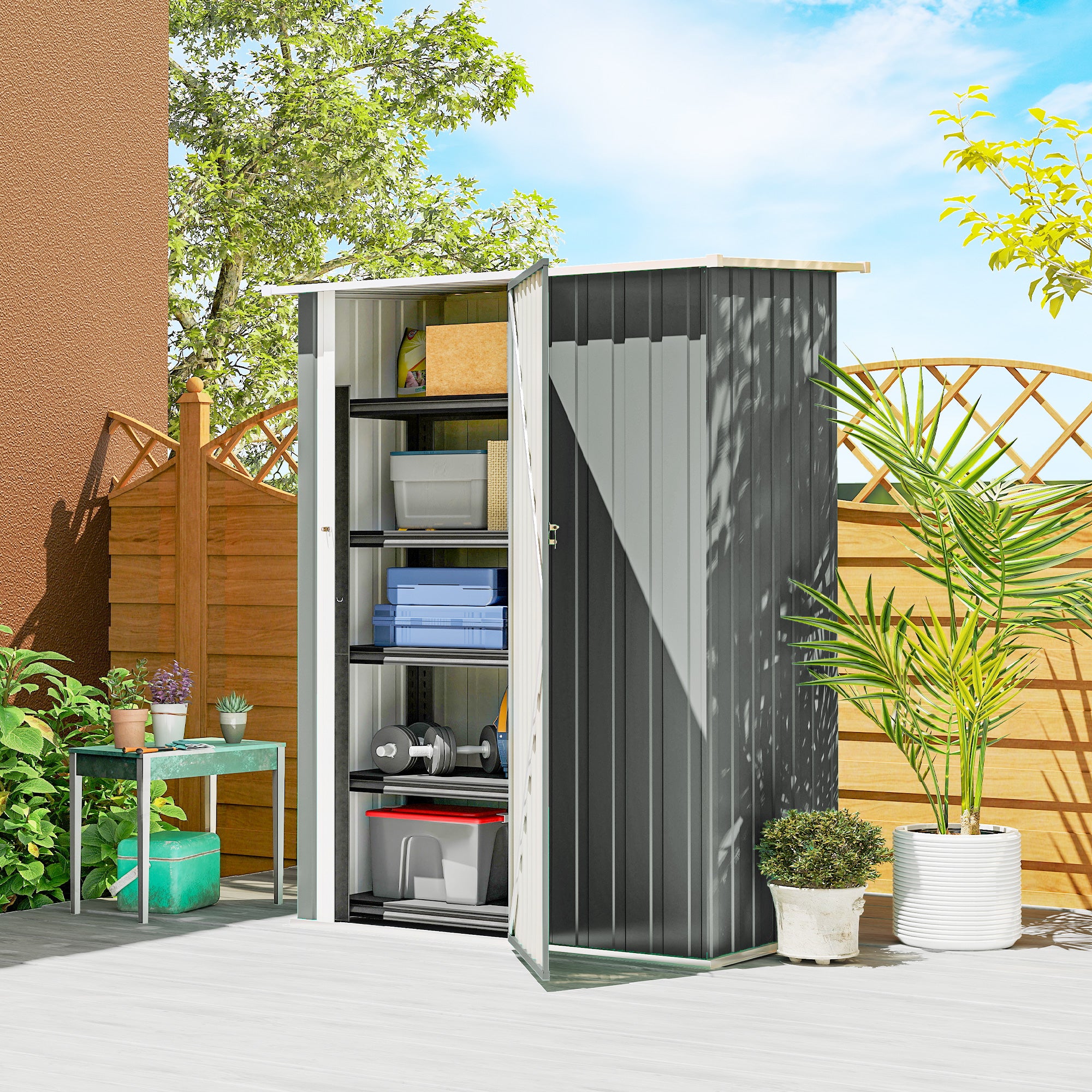 Outsunny Metal Tool Shed with Sloped Roof and Lockable Door, 142x86x189 cm, Light Grey