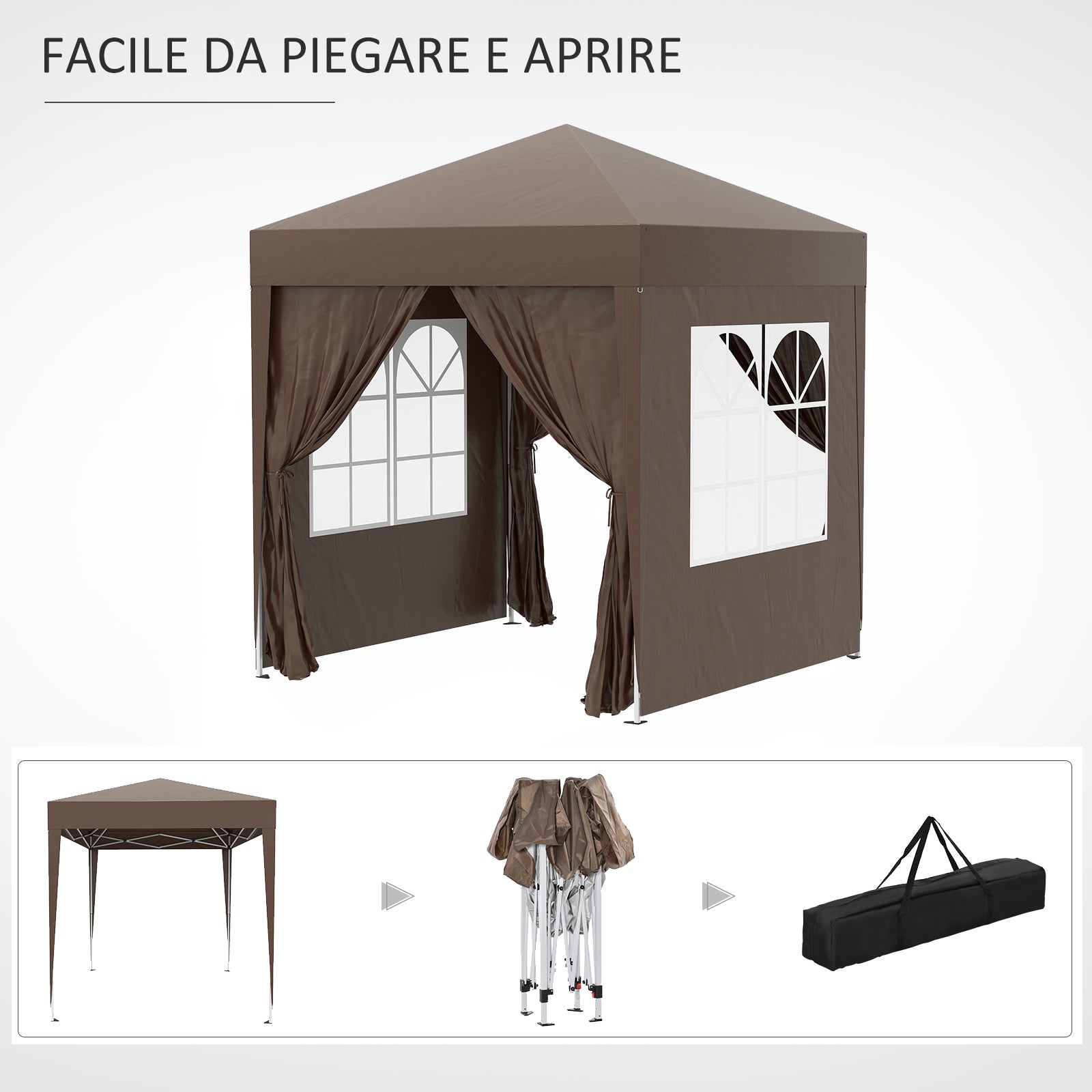 Outsunny gazebo 2x2 m folding with 4 removable walls and transport bag, metal and polyester, brown - Borgè