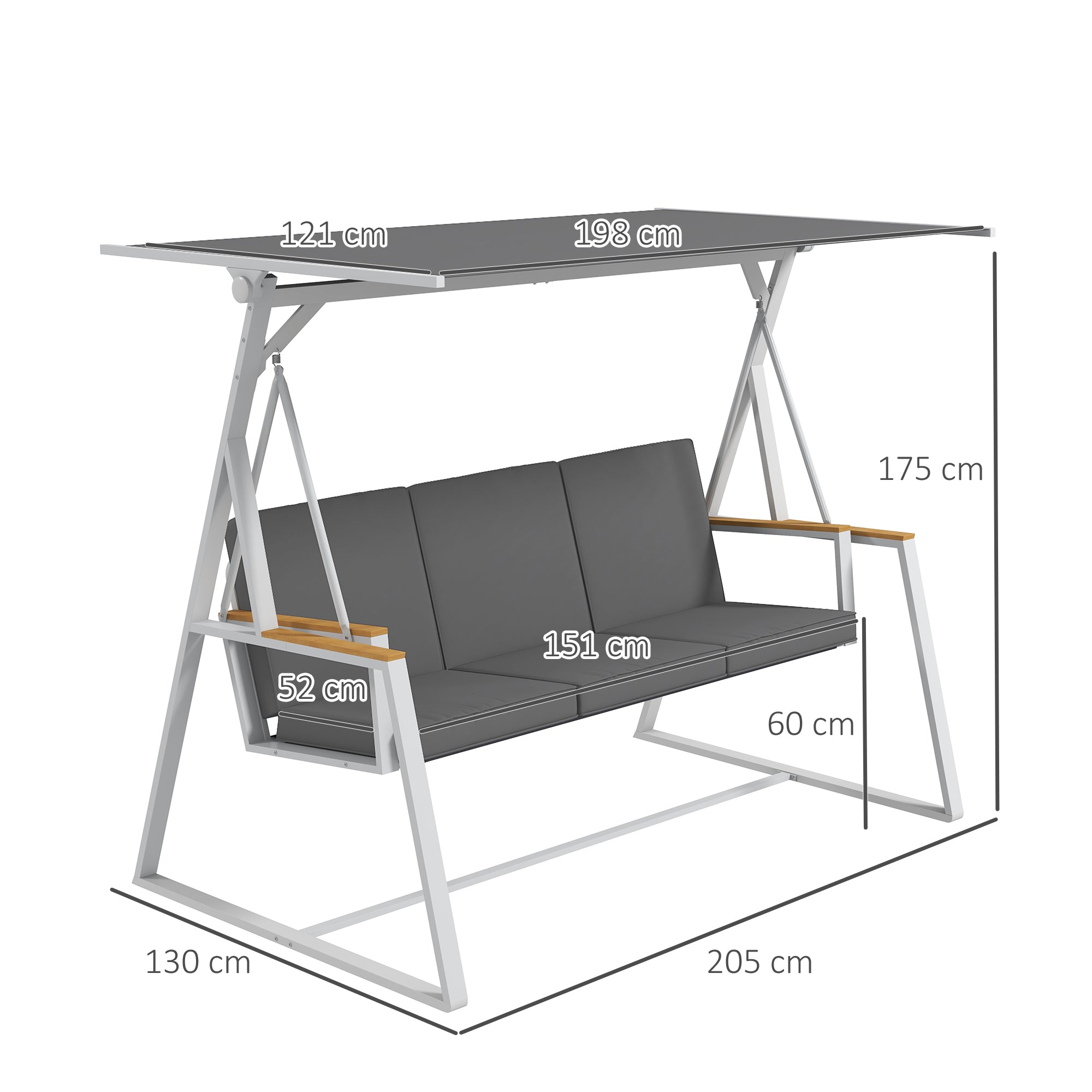 Outsunny 3-Seater Garden Swing with Tilting Canopy, Steel, 205x130x175 cm, Dark Grey