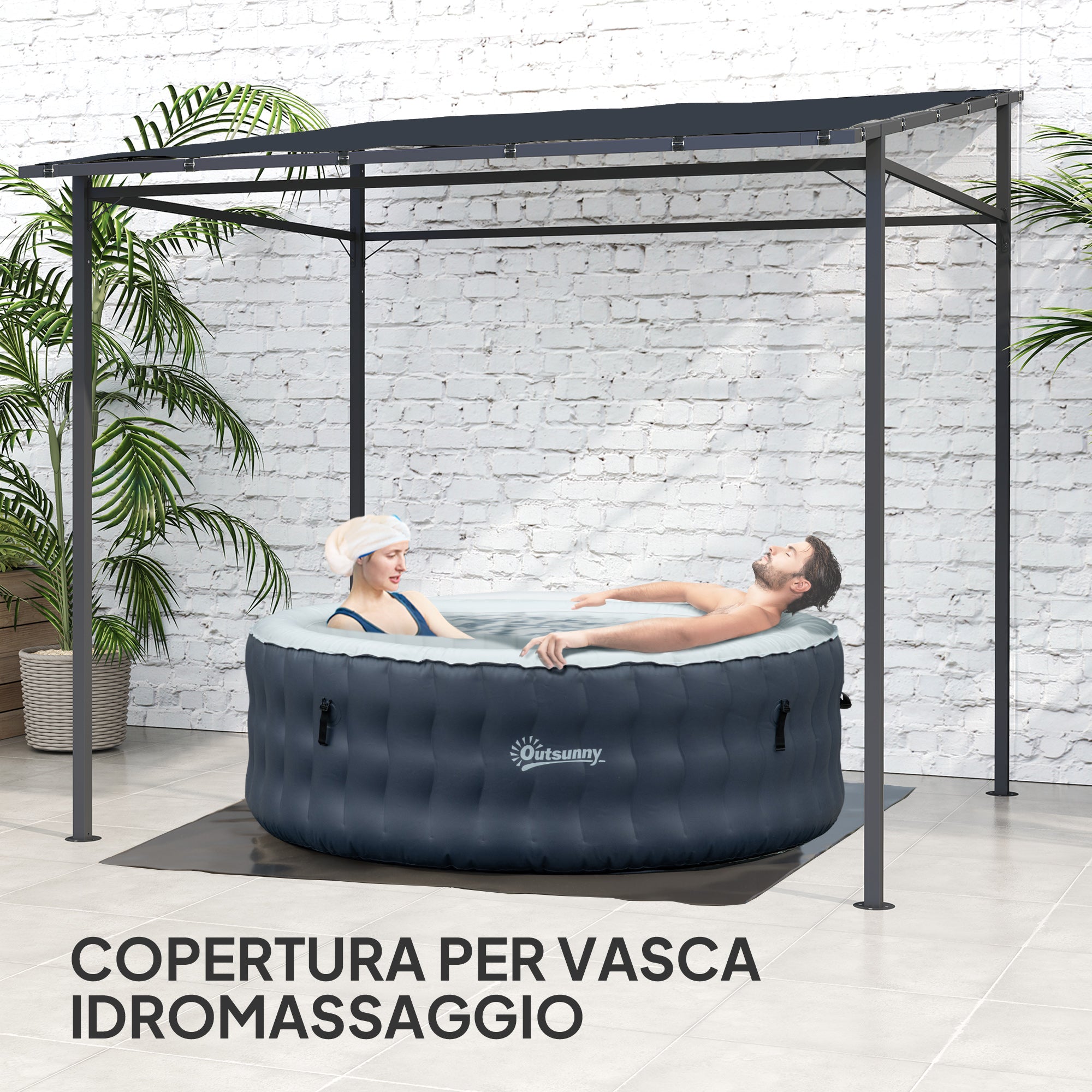 Pergola with Velcro Fasteners, in Metal and Polyester, 238x238x235/194 cm, Dark Grey