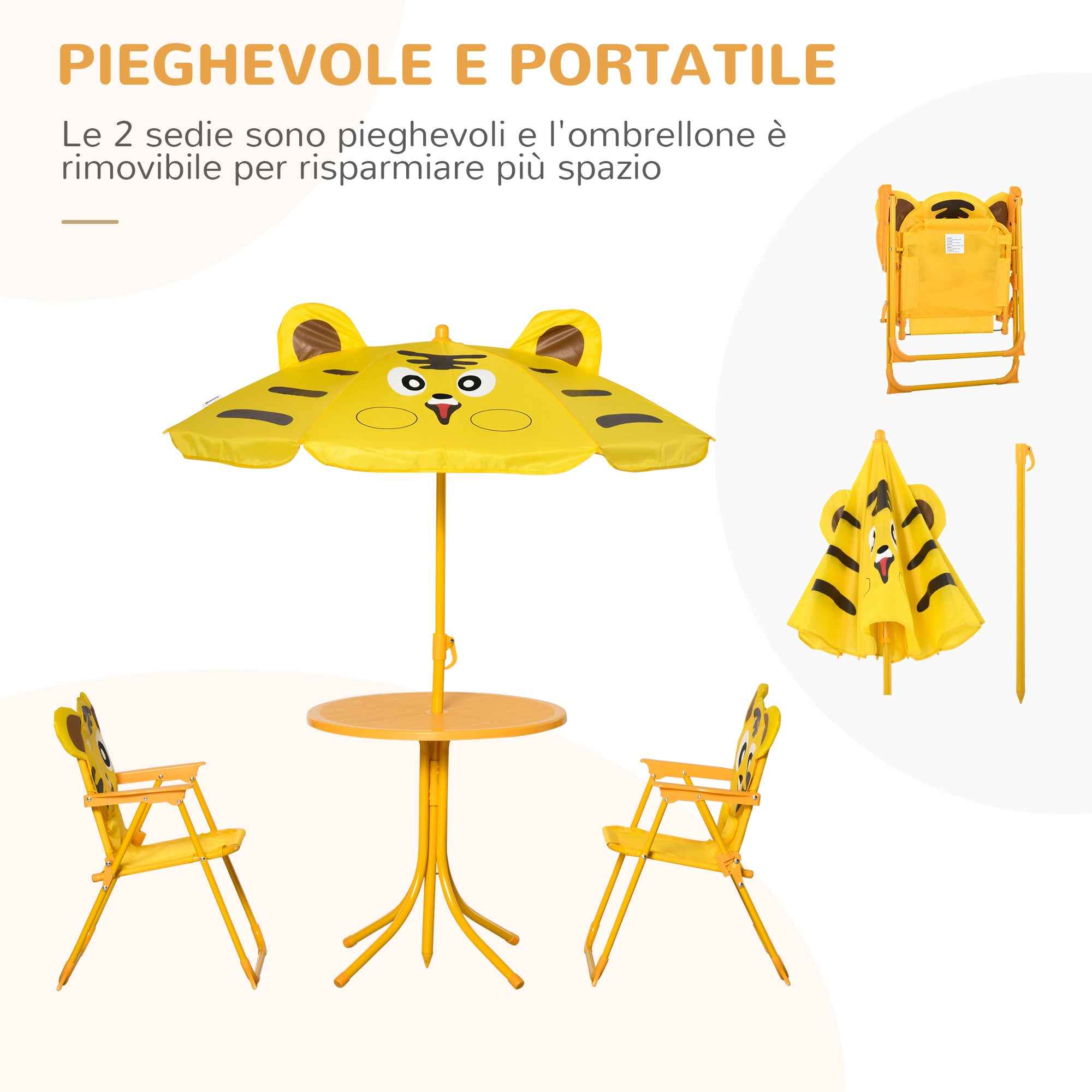 Outsunny 4-Piece Kids Outdoor Set with 2 Chairs, Umbrella, and Round Table, Steel and Yellow Oxford Fabric