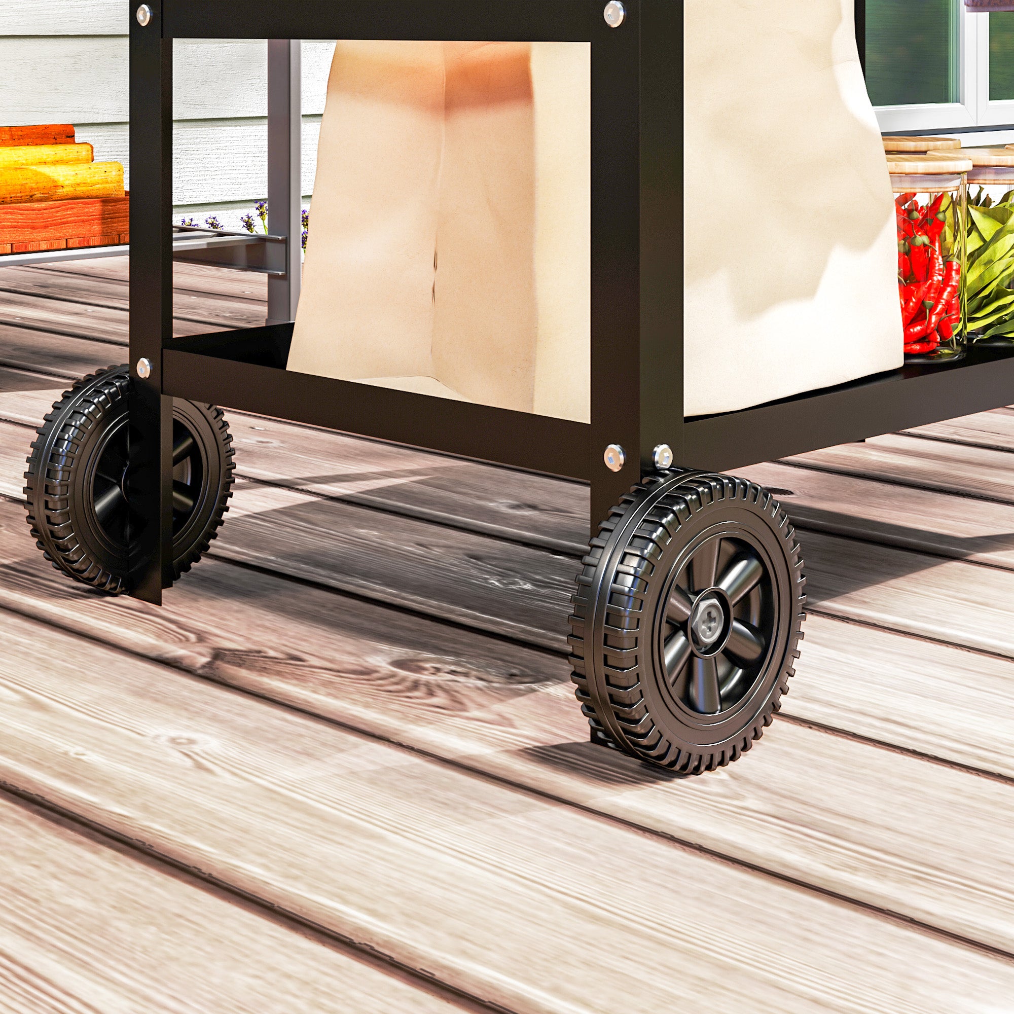 Barbecue Cart with Steel Top and Adjustable Shelf, Wheels and Hooks, 100x52x80 cm, Black
