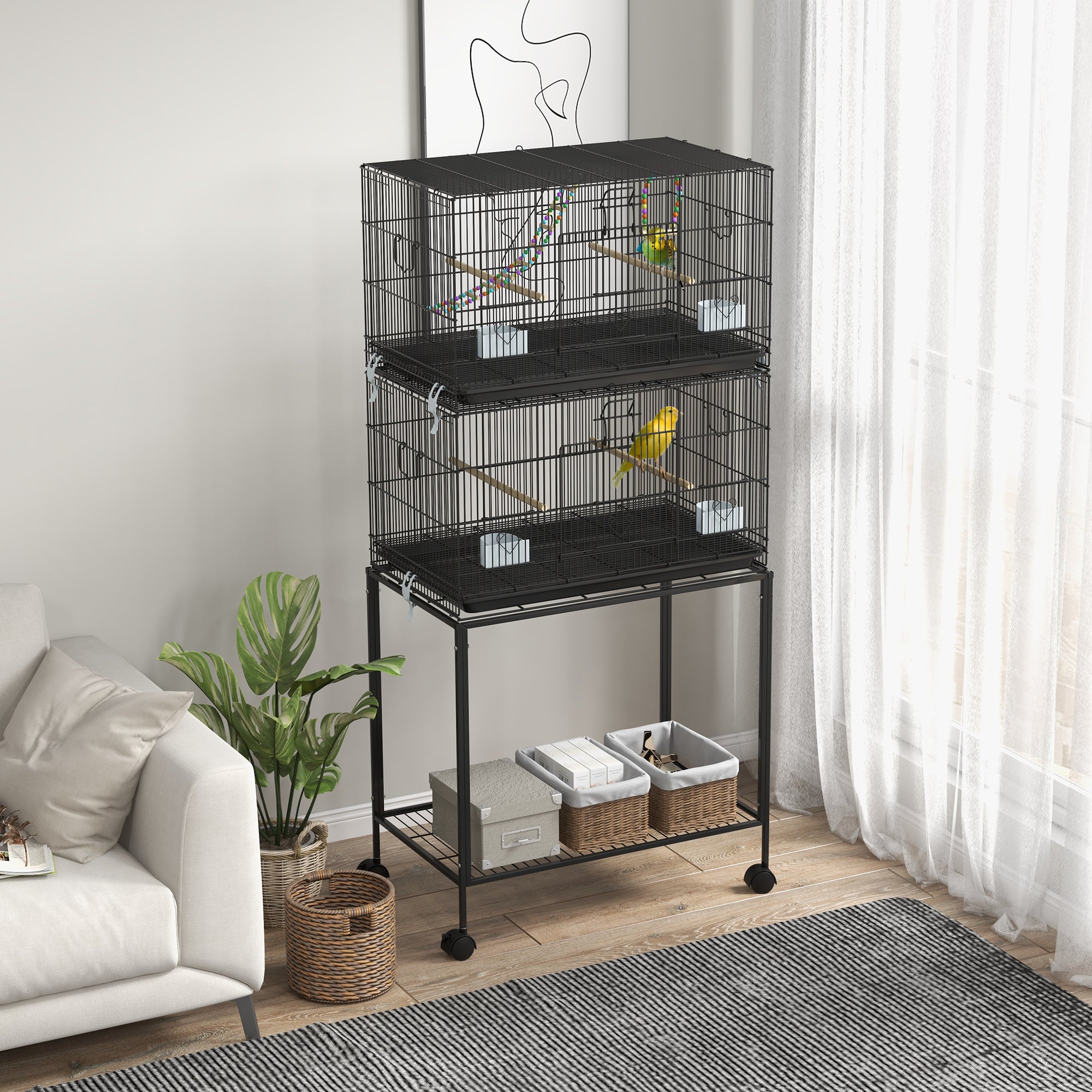 Bird Cage in Steel and PP, Stacked Design with Perches, Swings and Ladders, 77x46x164 cm, Black