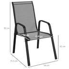 Outsunny Set of 4 Stackable Space-Saving Garden Chairs with Metal Armrests and Mesh Fabric, Black
