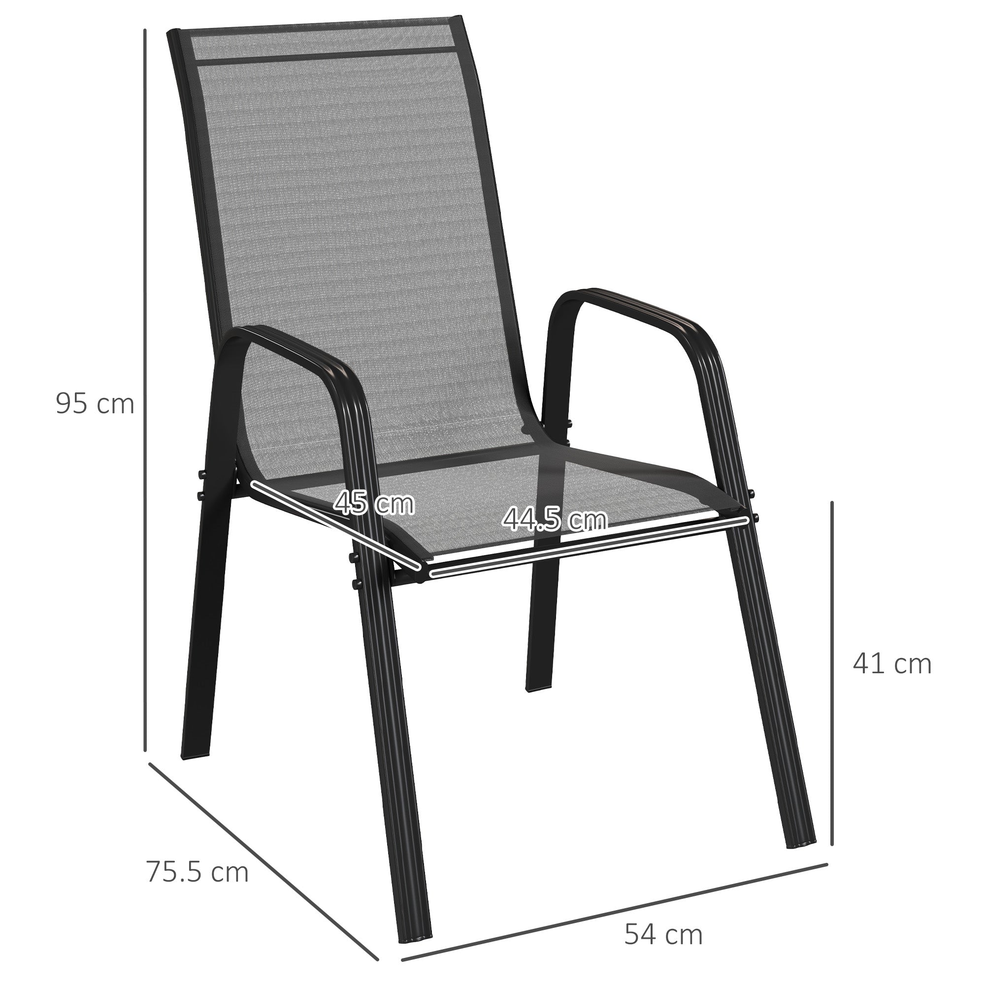 Outsunny Set of 4 Stackable Space-Saving Garden Chairs with Metal Armrests and Mesh Fabric, Black