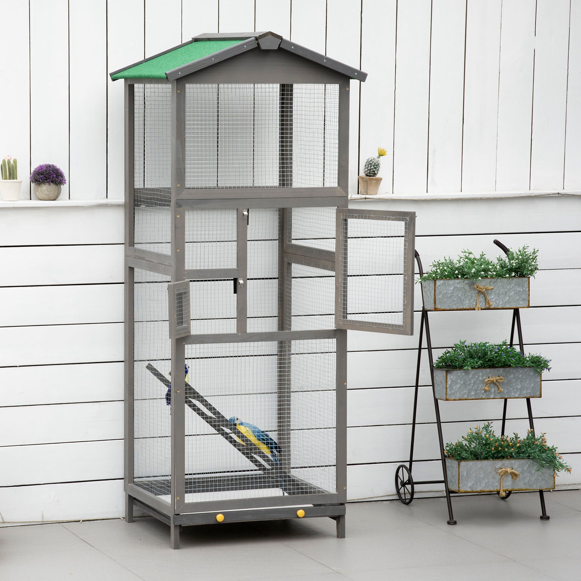 165cm Tall Outdoor Wooden Bird Cage with 2 Doors and Pull Out Tray, Light Grey