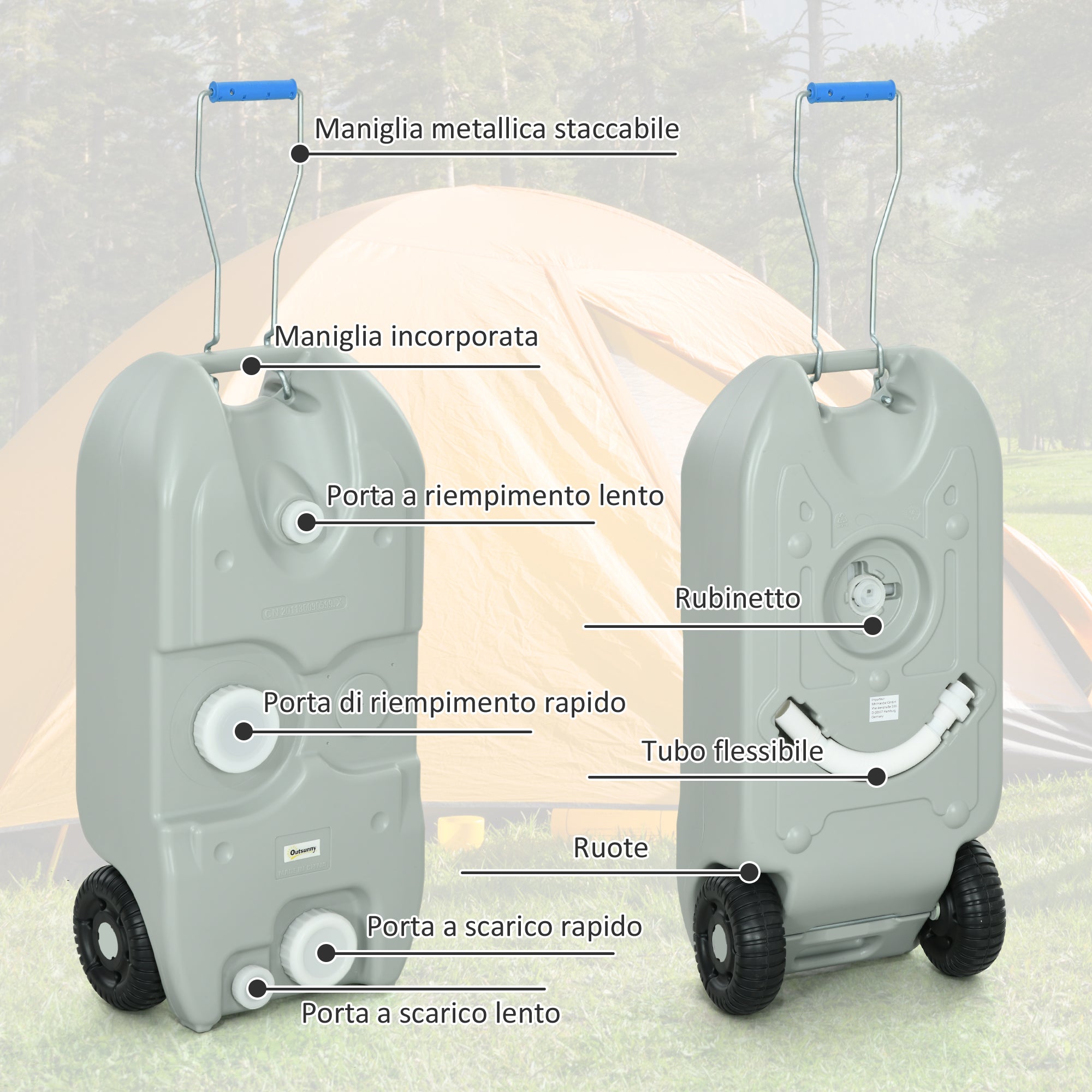 40L Camping Water Tank with Wheels and Adjustable Handle, Hose and Tap Included, Grey
