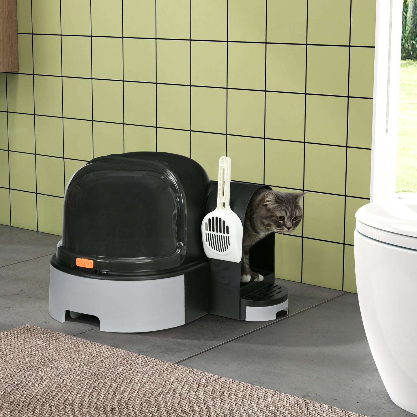 Closed Cat Litter Box with Lid, Removable Tray and Scoop, in PP and PC, 52x60x42 cm, Dark Grey