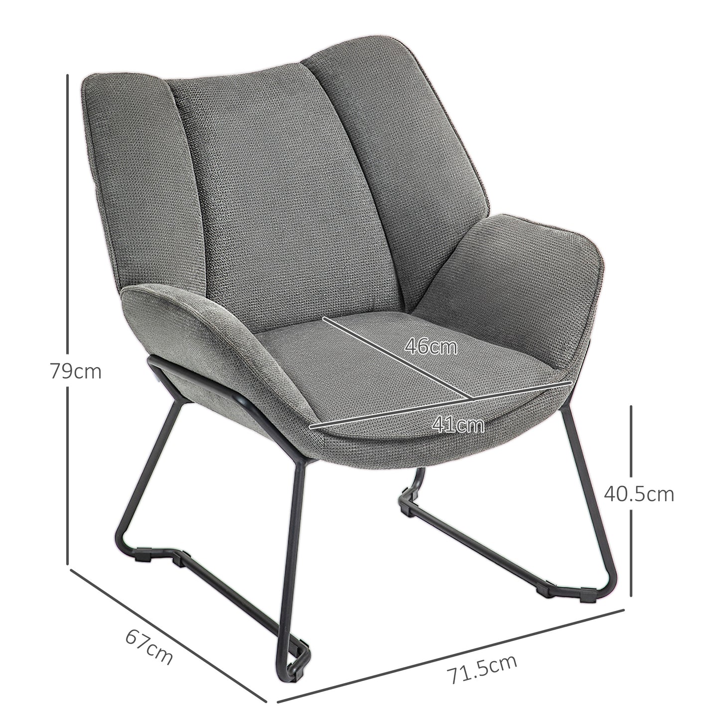 Armchair with Slanted Armrests, in Linen Effect Fabric and Steel, 71.5x67x79 cm, Grey