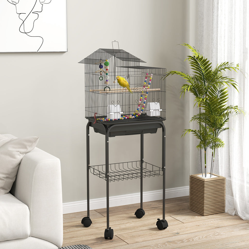 Bird Cage with Pedestal, Swivel Wheels, Shelf and Accessories, 46x36x120 cm, Black
