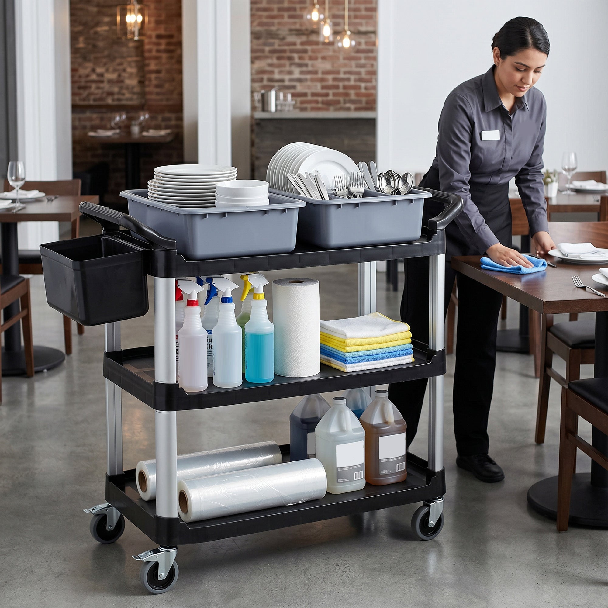 HOMCOM Professional 3-Tier Cleaning Cart with 2 Removable Bins, Side Bin and 4 Wheels, Black