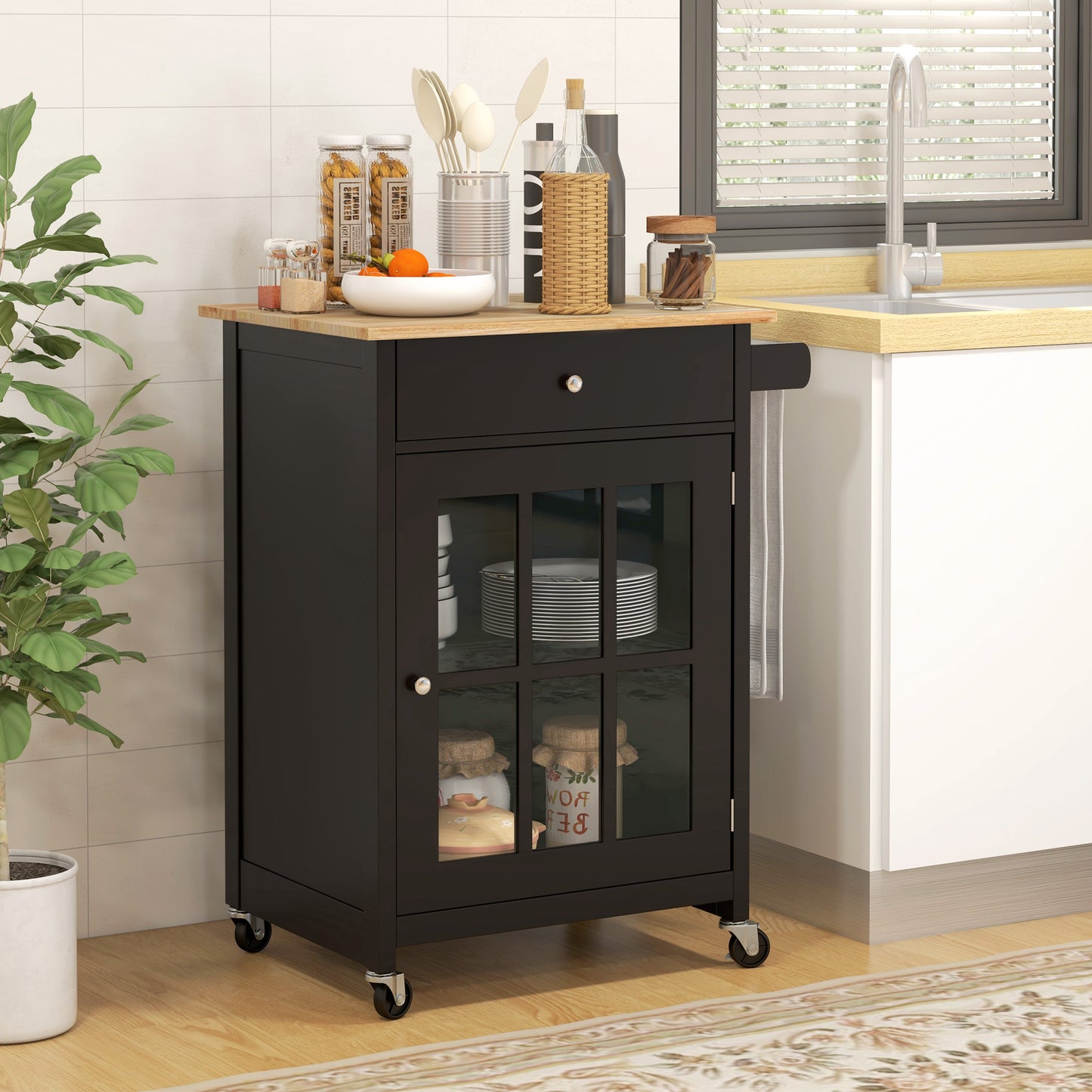 Kitchen Trolley with Drawer, Adjustable Cabinet and Towel Holder, Wooden, 67x48x86.5 cm, Black and Oak Kitchen Trolley with Drawer, Adjustable Cabinet and Towel Rail, Wooden, 67x48x86.5 cm, Black and Oak