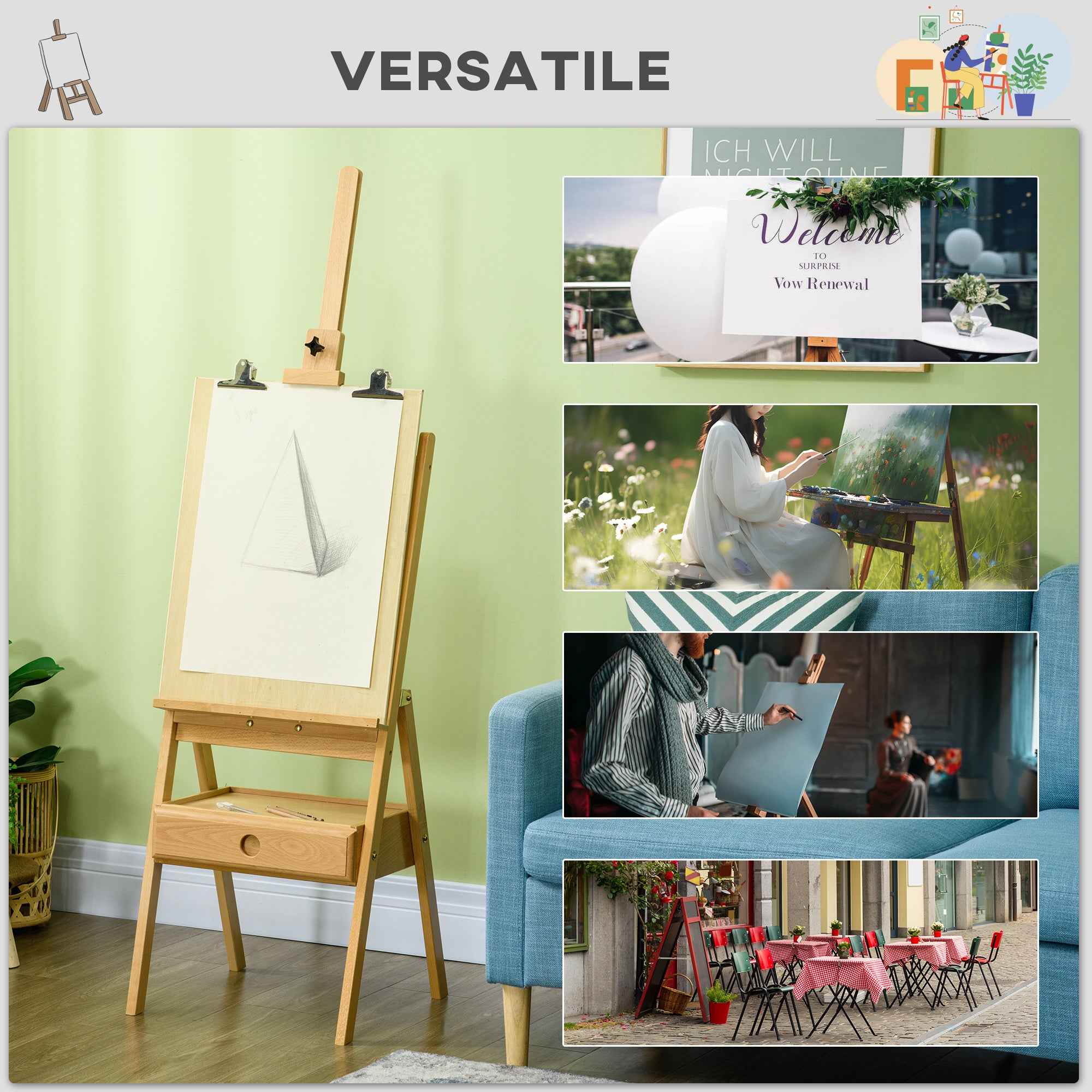 Vinsetto Height-Adjustable Painter's Easel with Drawer, Beech Wood, 43.5x43x150-190 cm