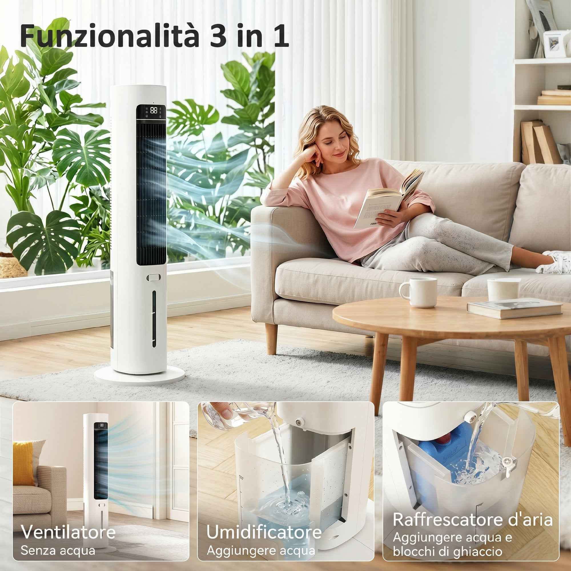 Evaporative Air Cooler, 3L Tank, 48° Oscillation, 3 Speeds and Modes, White