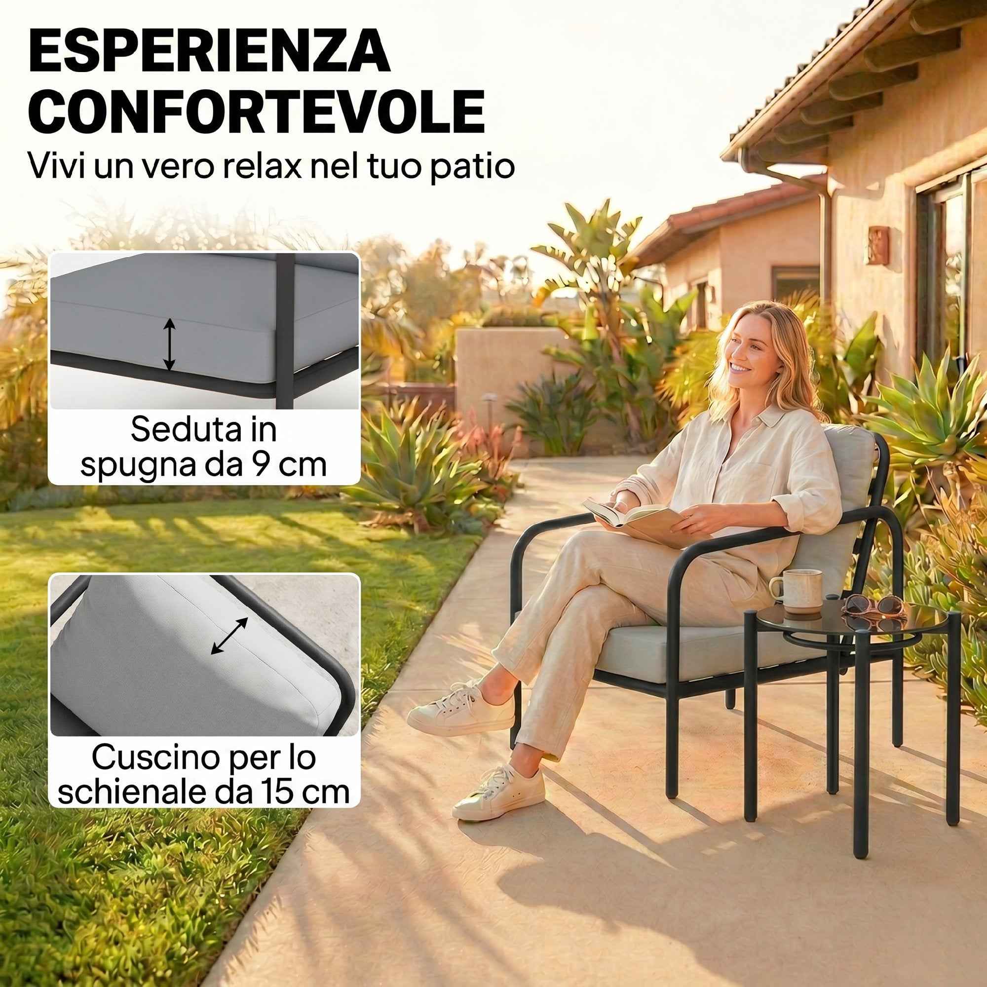 Outsunny 3-Piece Steel Bistro Set with 2 Chairs with Thick Cushions, Black Tempered Glass Top Coffee Table