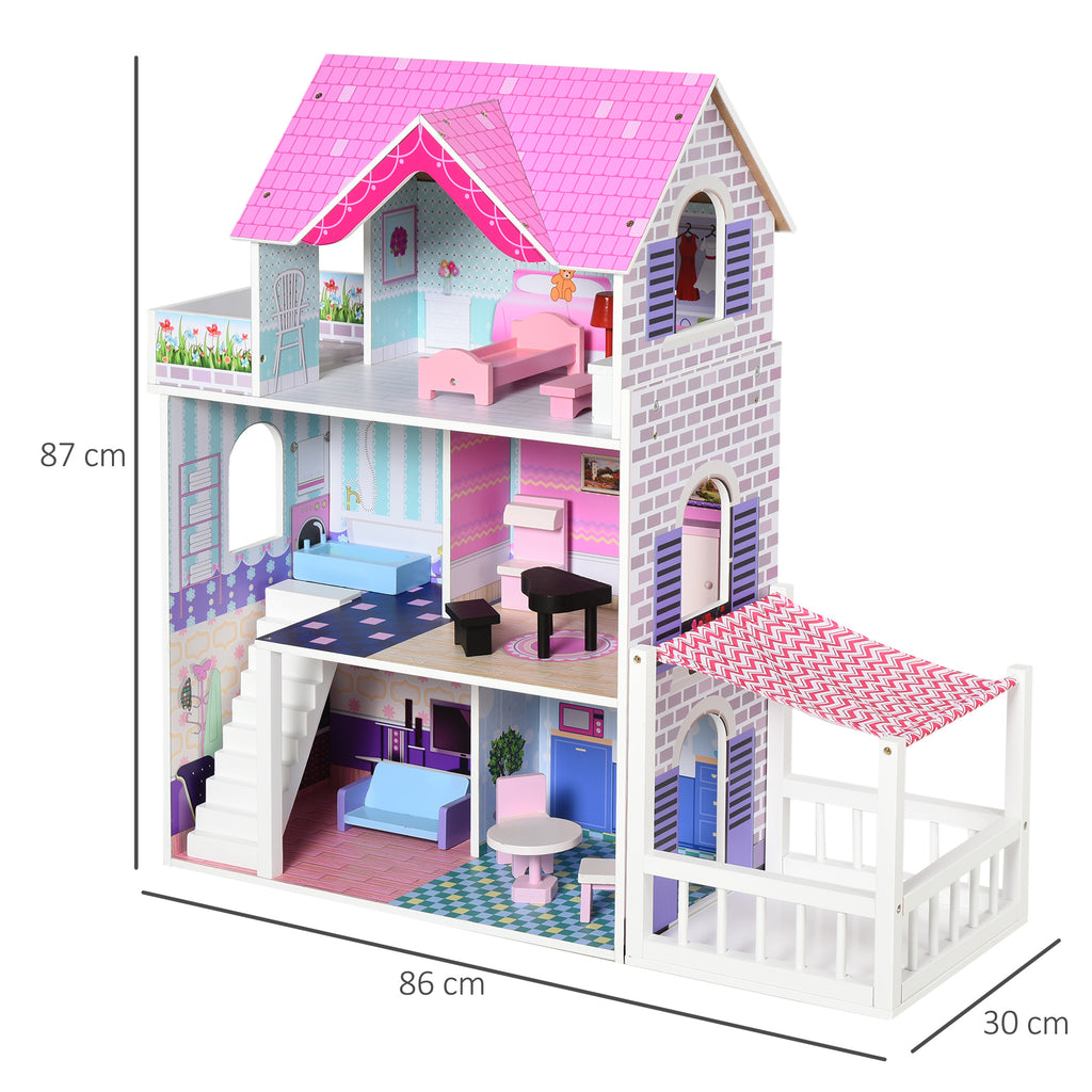 Wooden Dollhouse, 3-Story Children's Dollhouse with 13 Accessories, Toy for Children Ages 3+