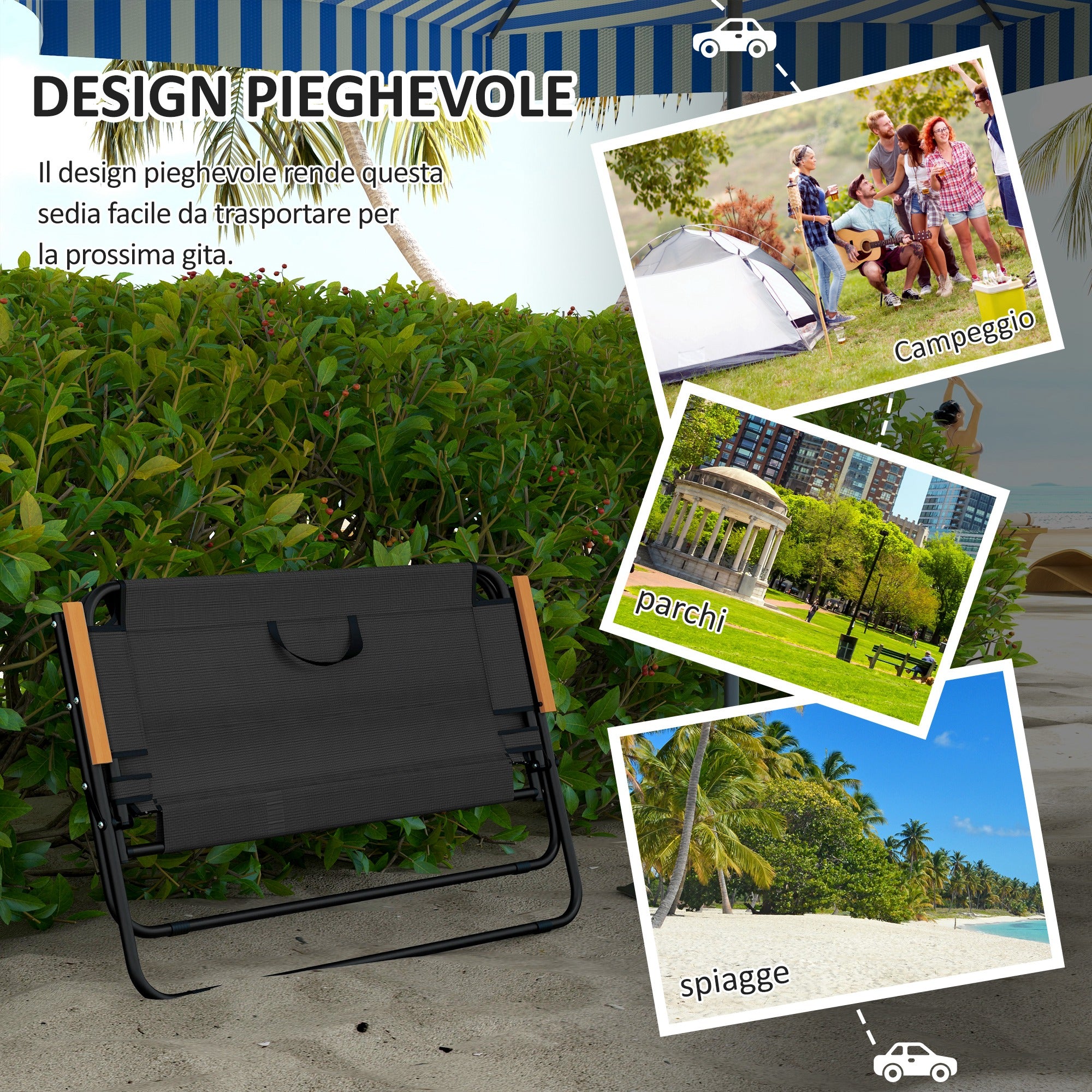 Double 2-Seater Folding Camping Chair in Steel and Oxford Fabric, 108x65x73cm, Black - Borgè