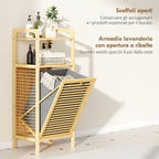 Bamboo and Polyester Bathroom Cabinet with Slatted Base, Laundry Basket and Cabinet, 40x30x95 cm, Grey and Wood