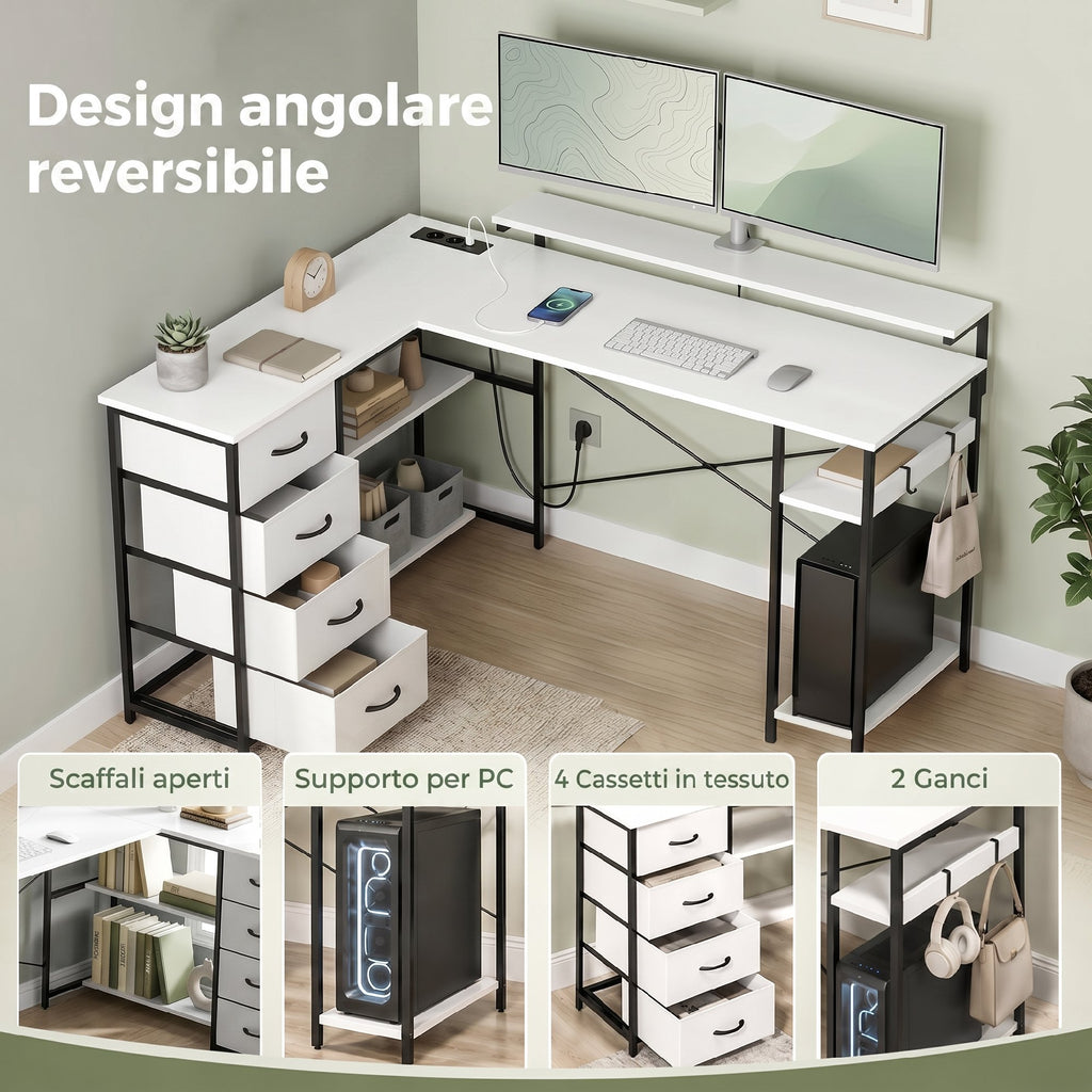 HOMCOM Corner Desk with Sockets, 4 Fabric Drawers, Monitor Riser and 2 Hooks, 155x112x85.5-91.5 cm, Black and White
