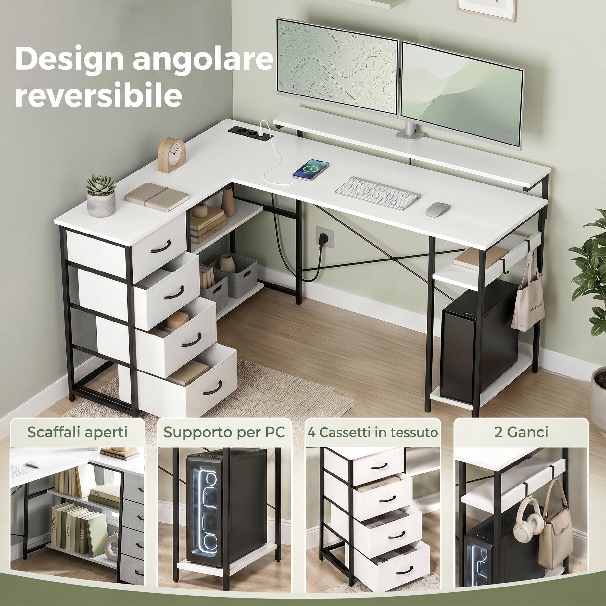 HOMCOM Corner Desk with Sockets, 4 Fabric Drawers, Monitor Riser and 2 Hooks, 155x112x85.5-91.5 cm, Black and White