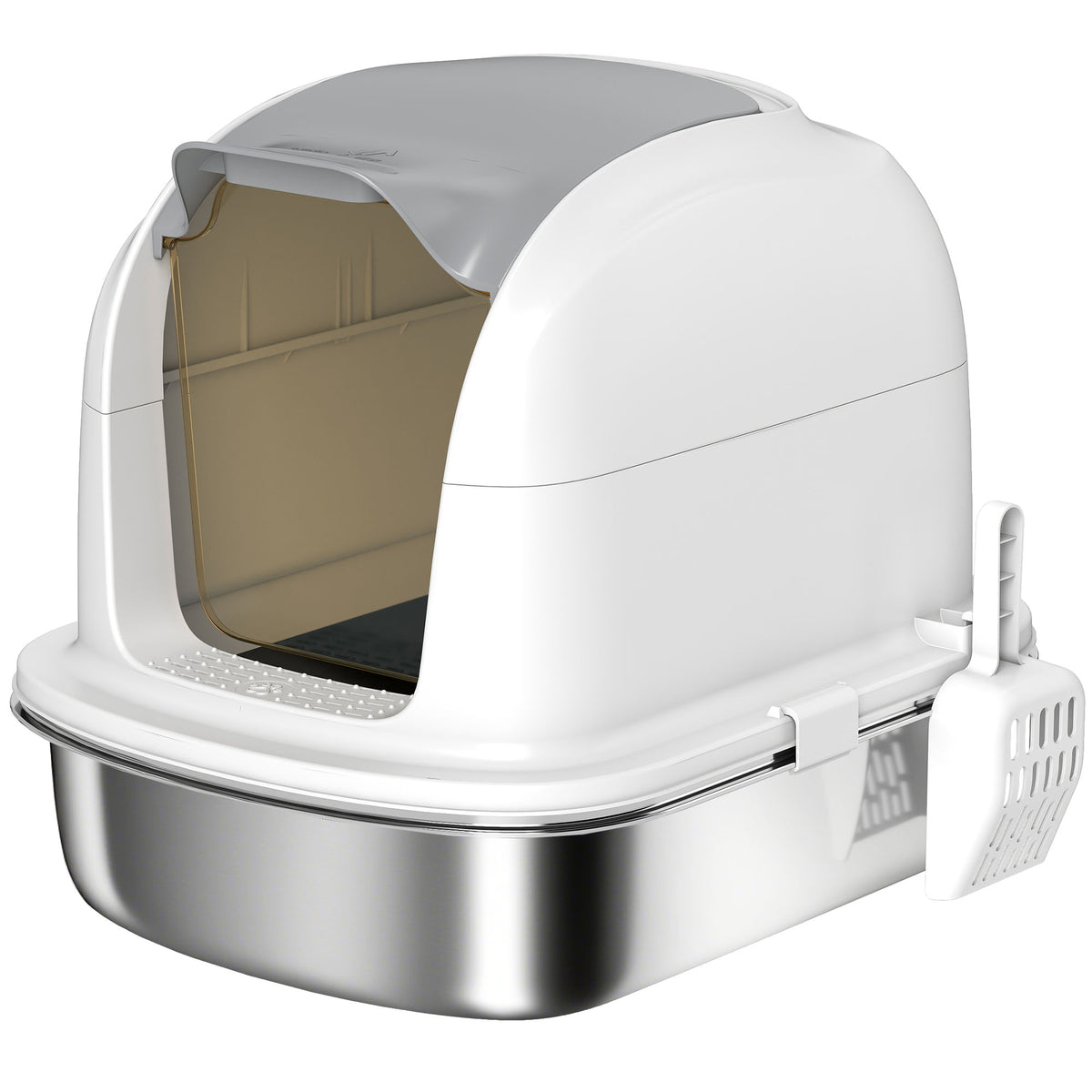 PawHut XL Stainless Steel Enclosed Cat Litter Box with Lift-Off Lid, Scoop, Deodorant Pack, White