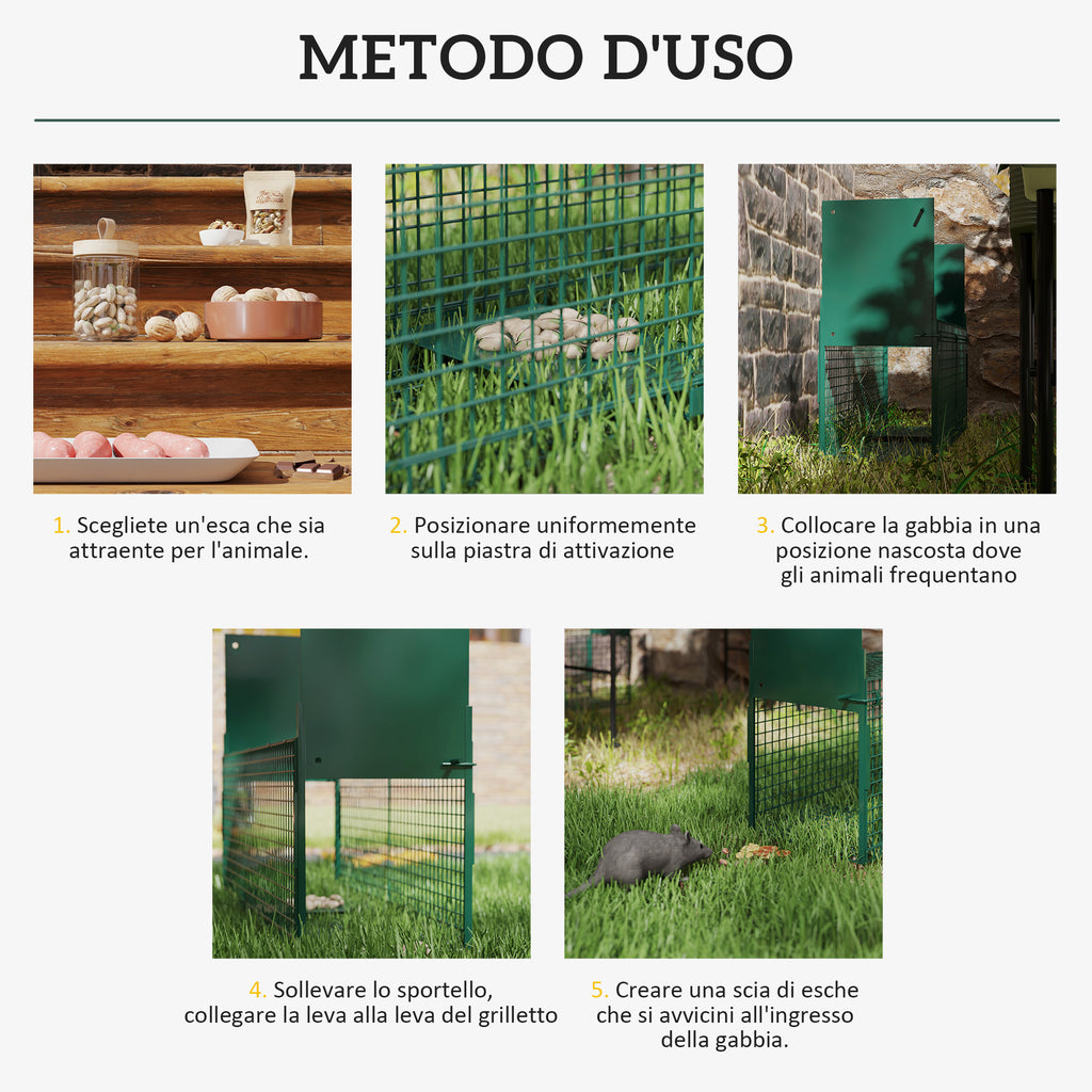 Small Live Animal Trap Cage with Double Door and Handle, 80x25x30cm, Dark Green
