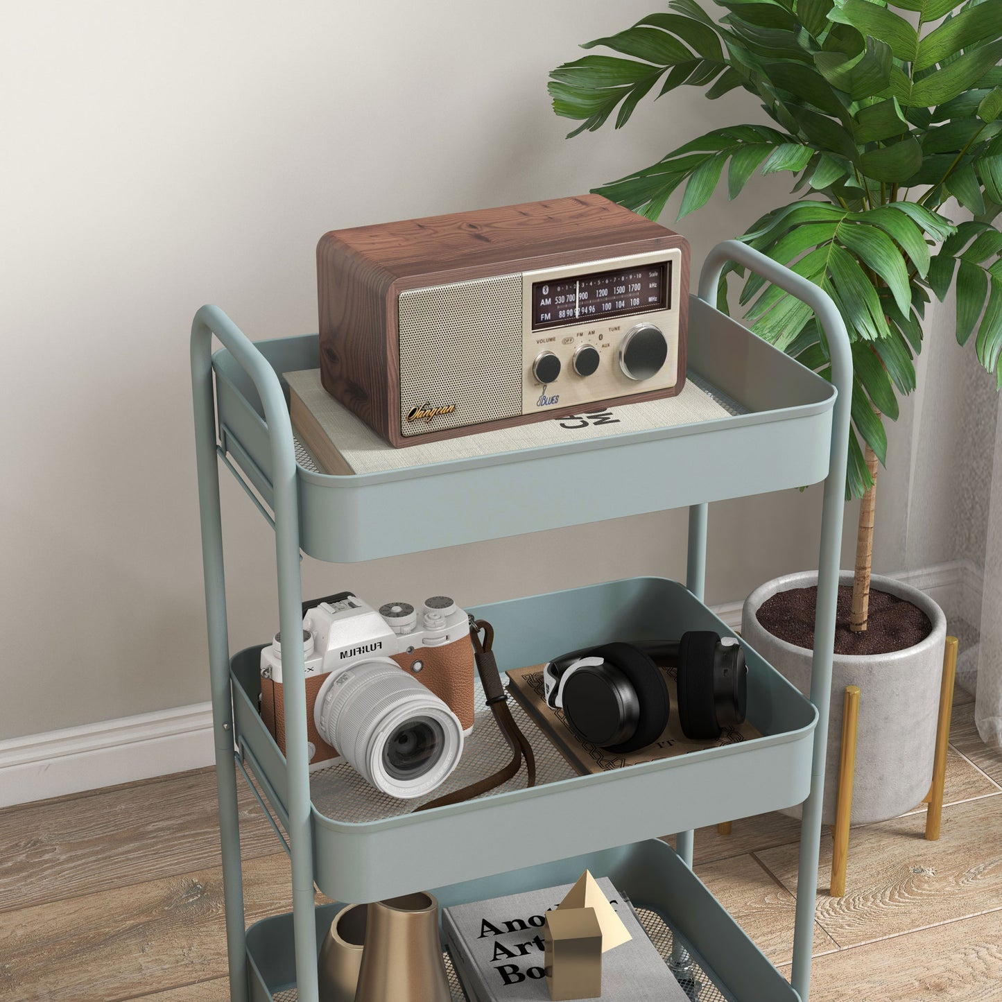 3-Tier Kitchen Trolley with Handles and 4 Casters, Steel, 45x30.6x79 cm, Light Blue