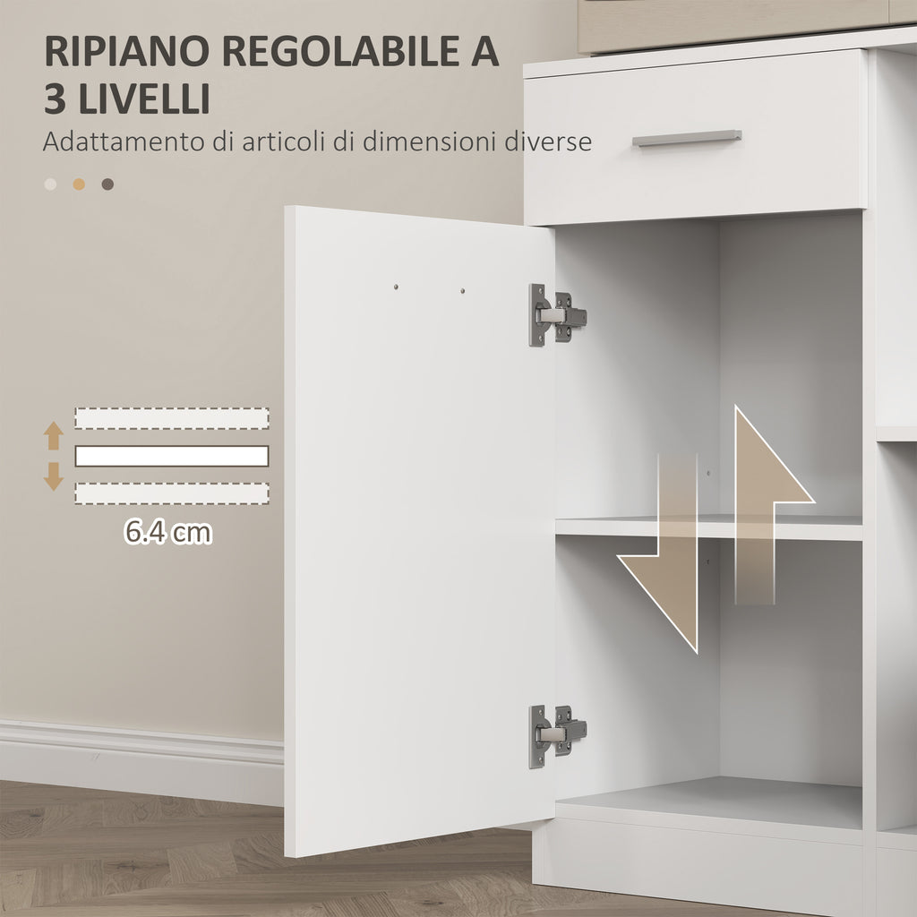 Wooden Pantry Cabinet with Drawer, 4 Cabinets and 3 Open Shelves, 80x35x180 cm, White