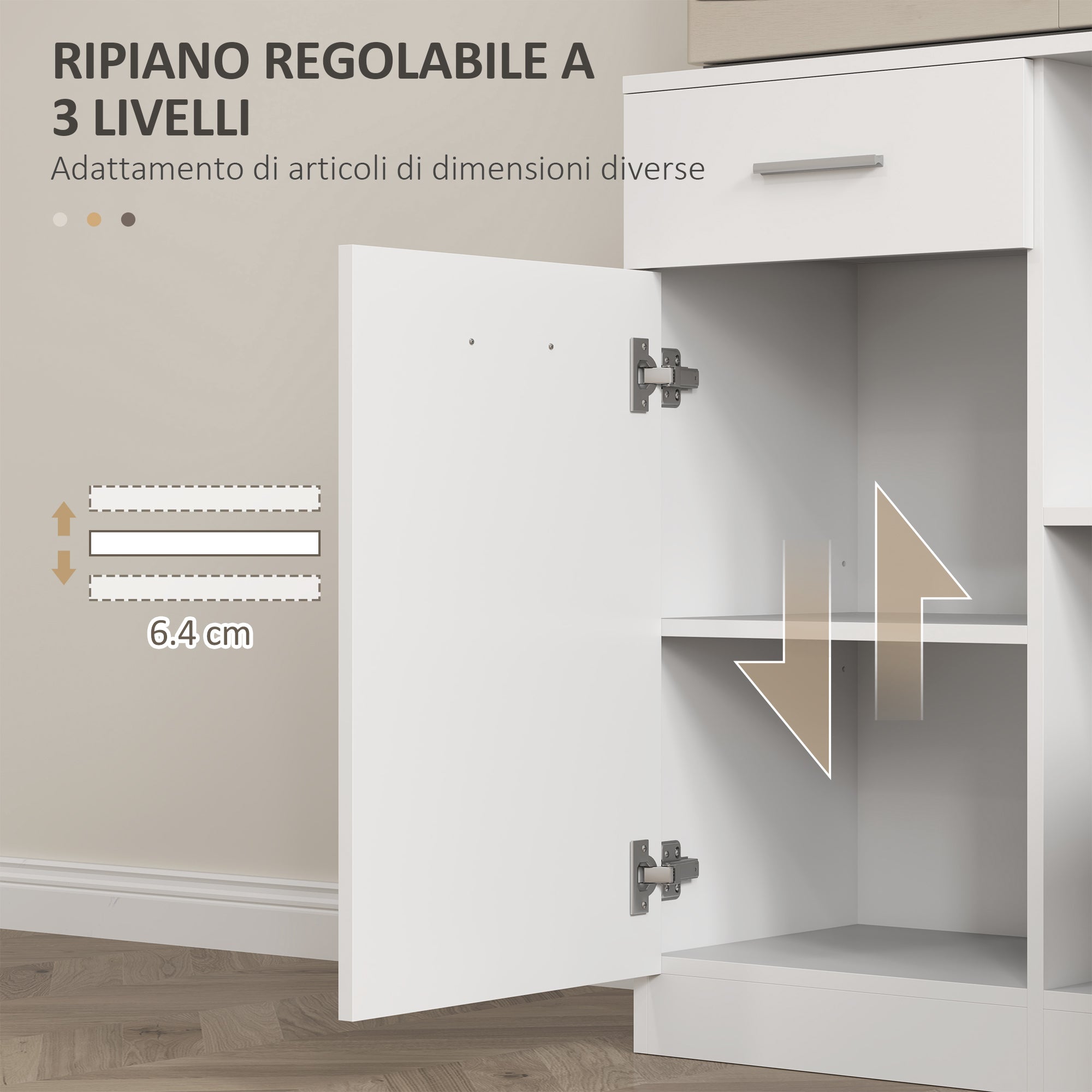 Wooden Pantry Cabinet with Drawer, 4 Cabinets and 3 Open Shelves, 80x35x180 cm, White