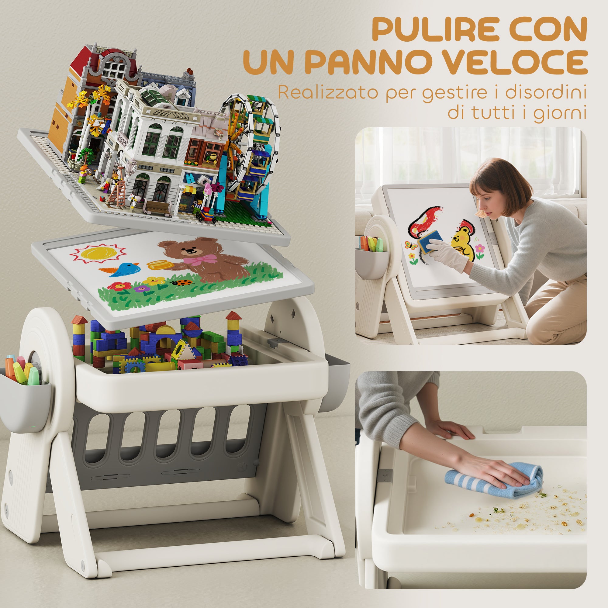 Multipurpose Children's Table with Storage Shelf and Drawers, in HDPE and PP, Grey and White