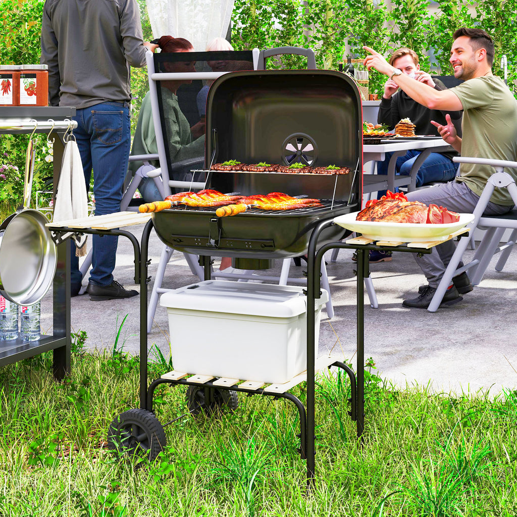 3-Tier Charcoal Barbecue with Wheels, Adjustable Air Vent Lid, Red