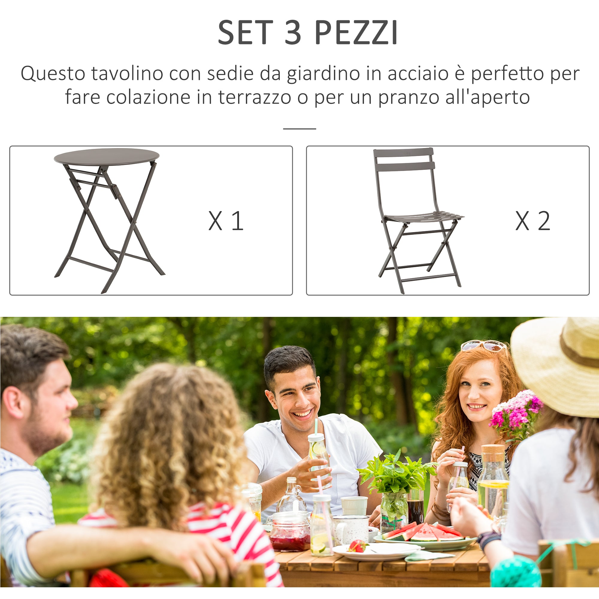 3-Piece Folding Garden Table and Chairs Set, Brown Steel, for Balcony, Terrace, Outdoor