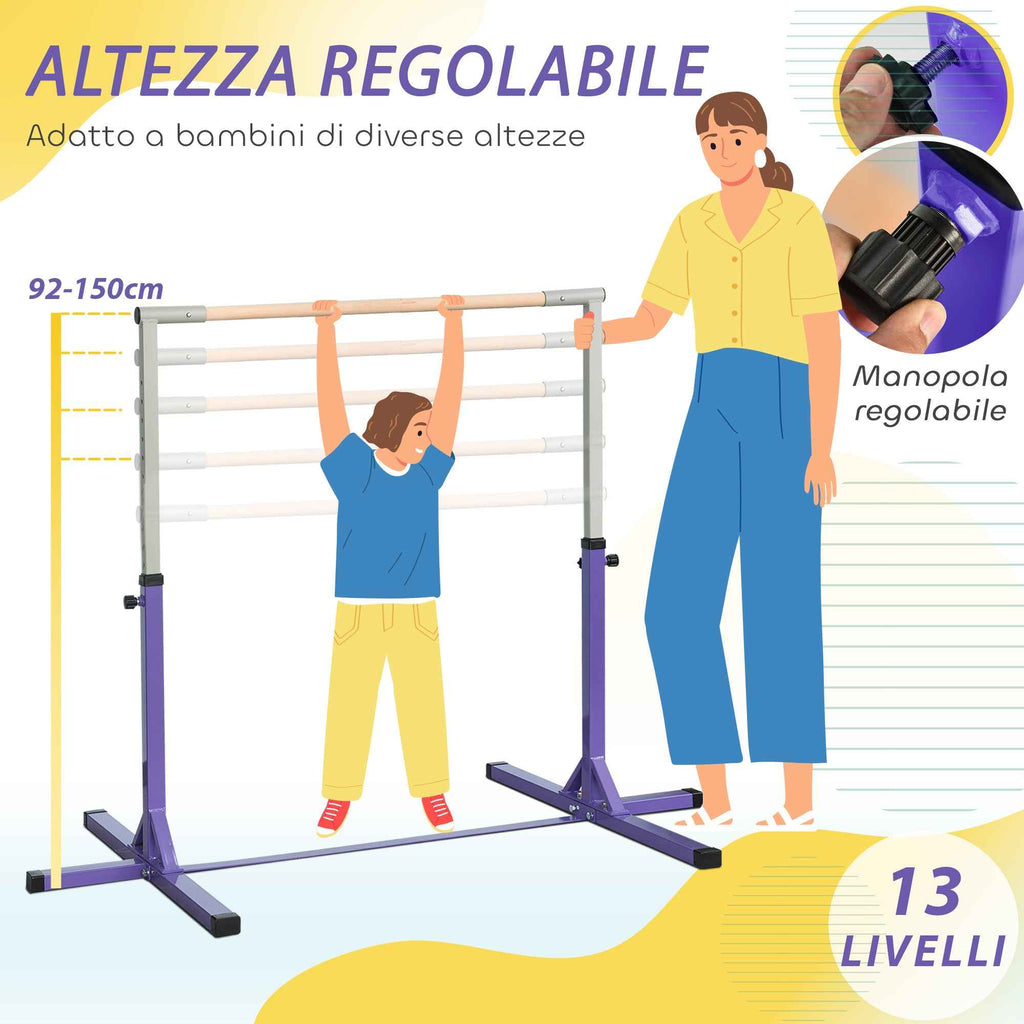 HOMCOM Height-Adjustable Gymnastics Bar for Children Ages 3+, Made of Steel and Solid Beech Wood, Purple