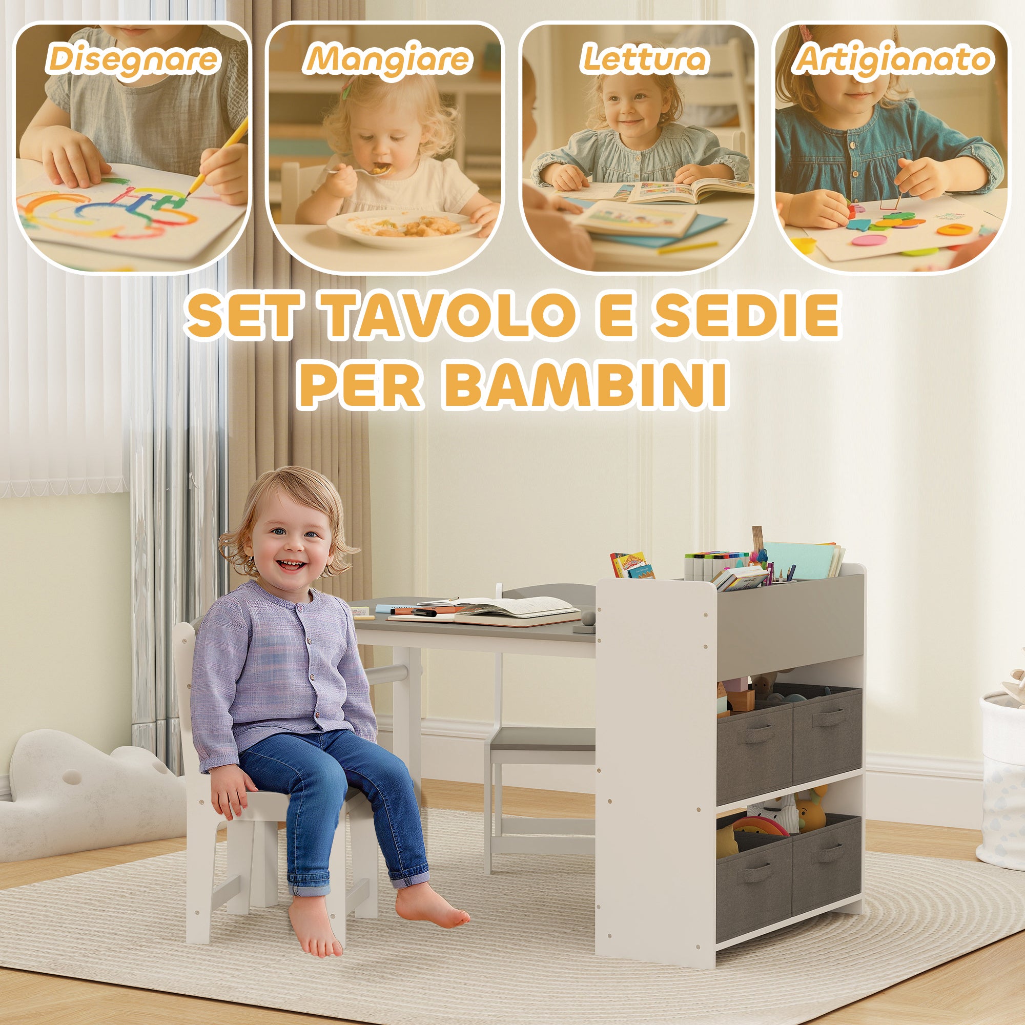 Children's Table and Chair Set with 2 Chairs and Storage Table, Made of Wood and Non-Woven Fabric, Grey and White