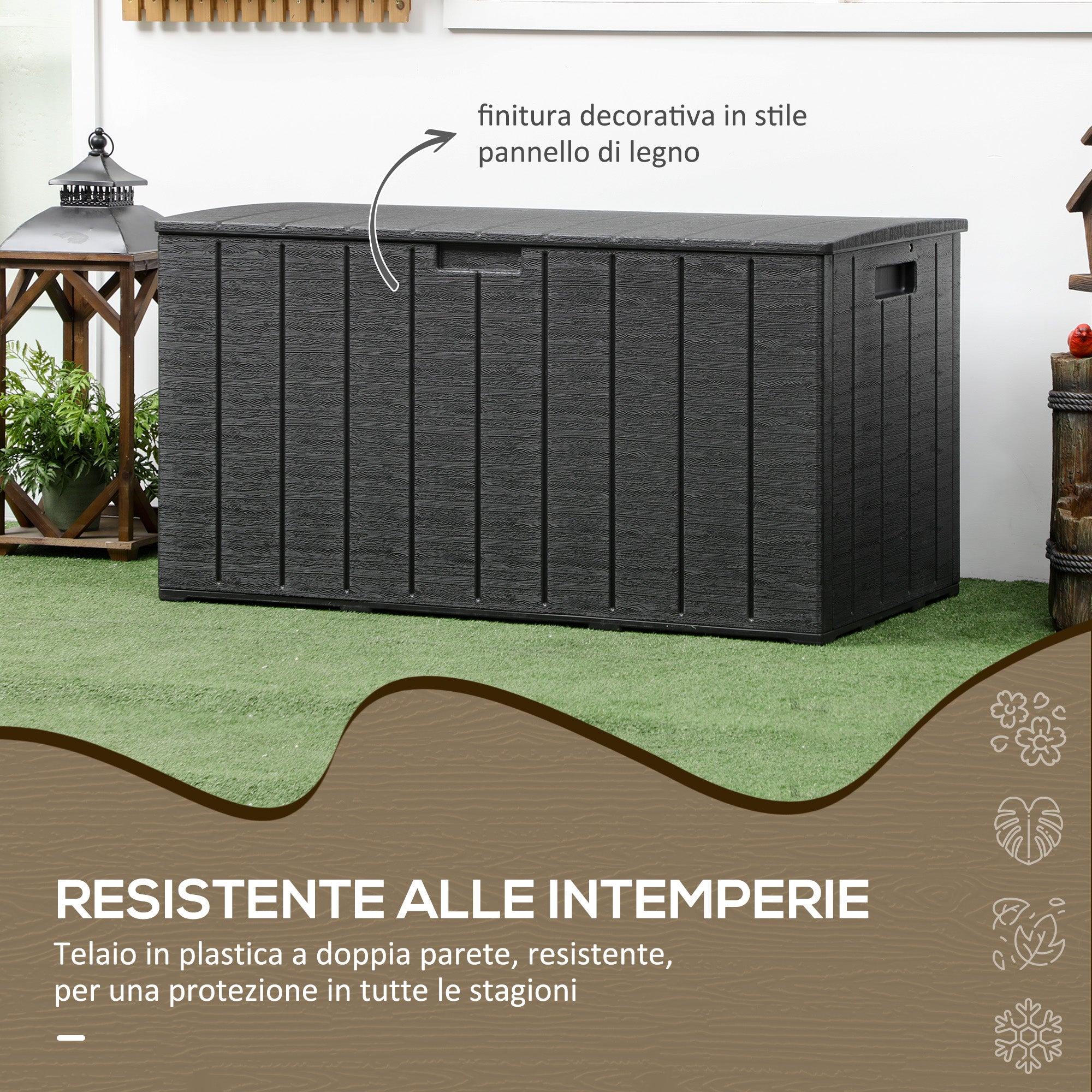 366L Wood Effect Plastic Garden Box, 122.4x62x64.5 cm, Black