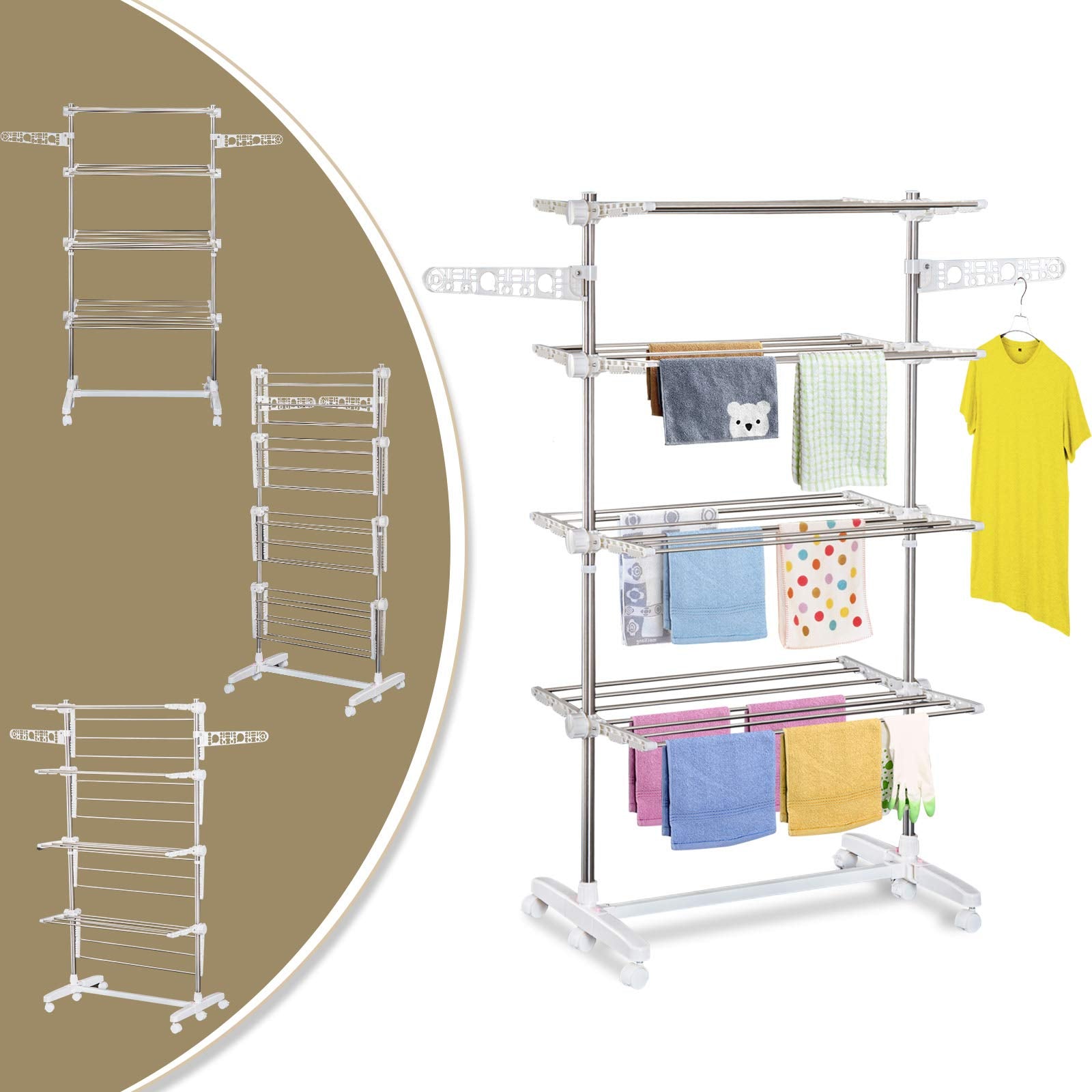 HOMCOM Vertical Folding Drying Rack in Steel and Plastic with 6 Wheels and 4 Adjustable Shelves, 142x55x172 cm - Borgè