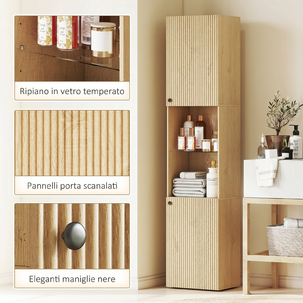HOMCOM Slim Bathroom Cabinet with 6 Shelves, 2 Doors, Open Compartments, Tempered Glass Shelf, Adjustable Shelves, Oak