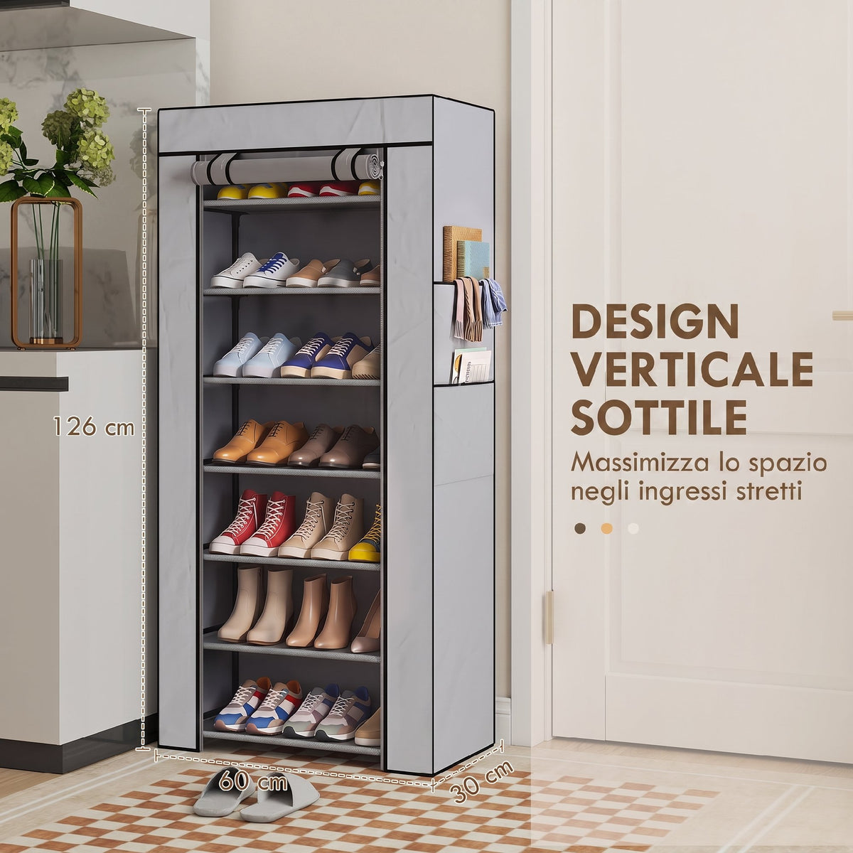 HOMCOM 7-Tier Steel Shoe Rack with TNT Cover, 60 x 30 x 126 cm, Grey