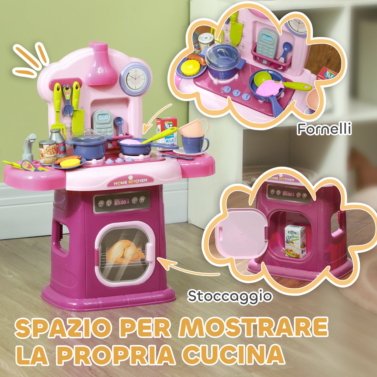 Toy Kitchen for Children 3-6 Years with 38 Accessories and Realistic Sounds, in PP and ABS, 51x21x60 cm, Pink