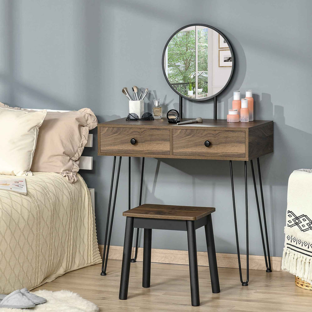 HOMCOM Wooden and Metal Makeup Table with Stool and Mirror, Walnut Color