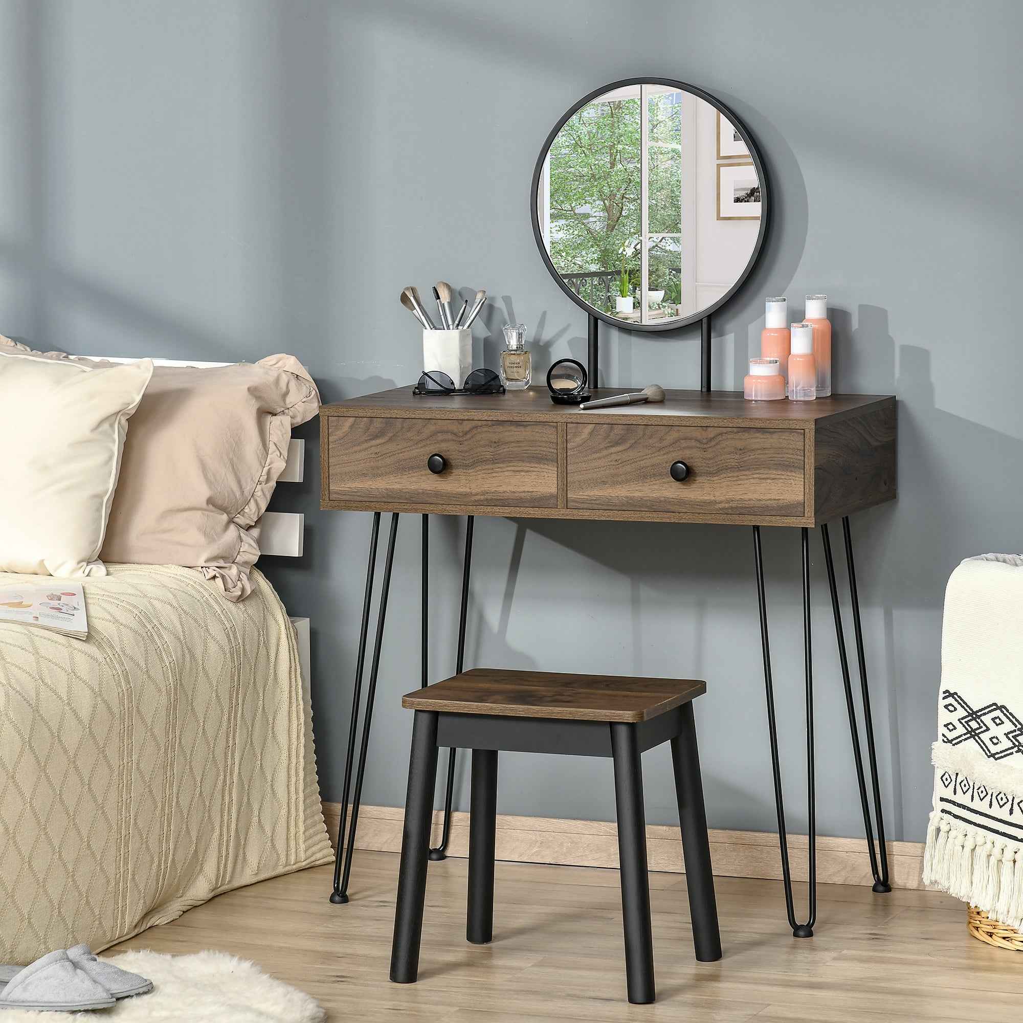 HOMCOM Wooden and Metal Makeup Table with Stool and Mirror, Walnut Color