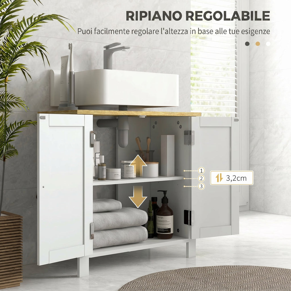 kleankin Bathroom Under Sink Cabinet, 2 Doors, Adjustable Shelf, 2 Storage Levels, PU Handles, 60 x 30 x 60 cm, White