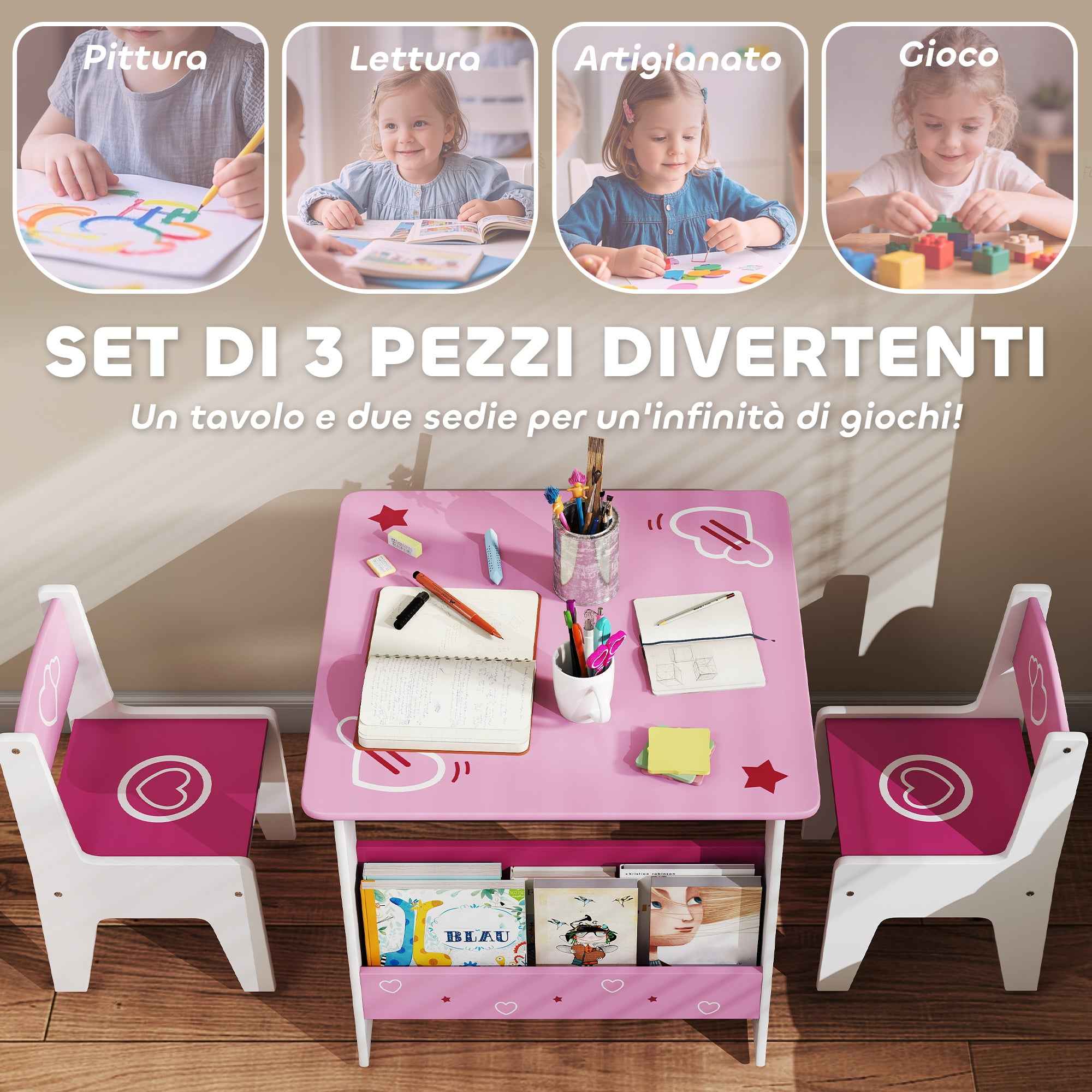 AIYAPLAY Children's Table and Chair Set for 3-8 Years Old, MDF Wooden Coffee Table with Shelf and Heart Design, Pink