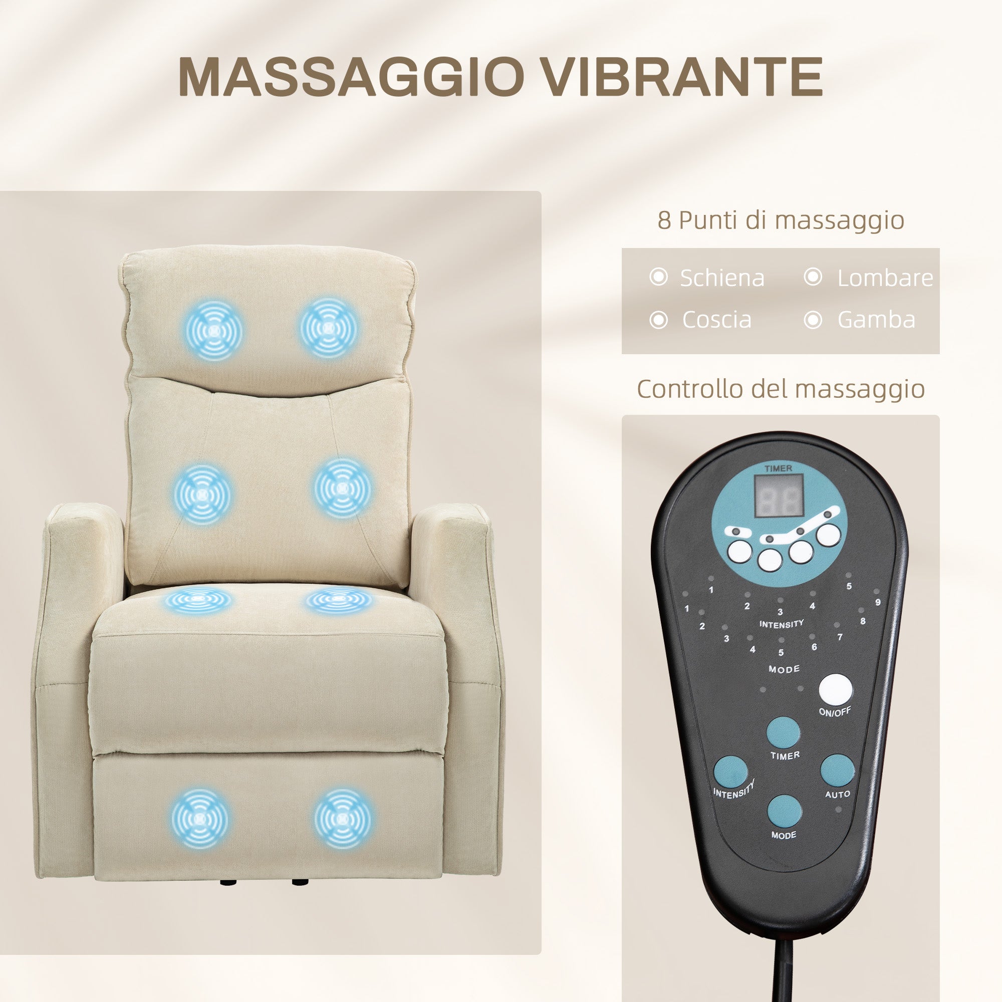 Lift Relax Chair with 8 Massage Points, 135° Reclining and 2 Remote Controls, Cream