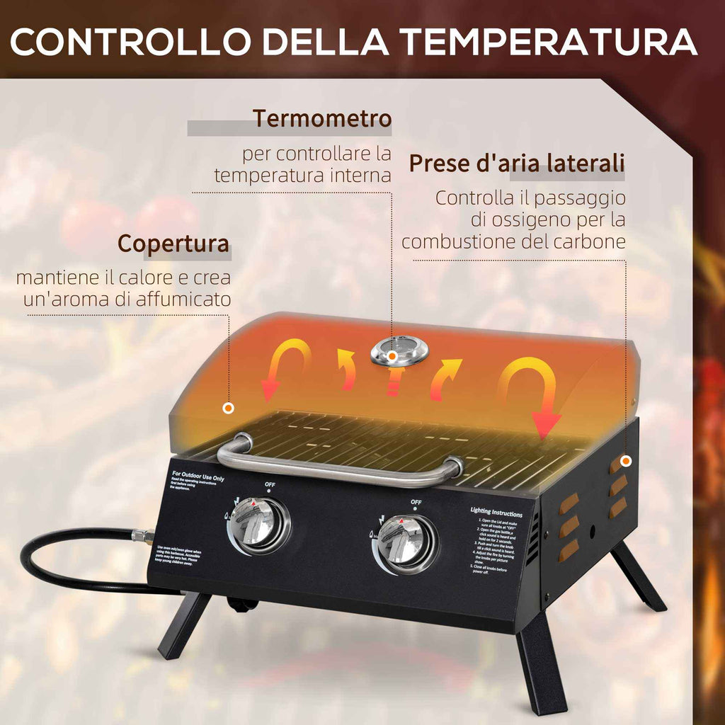 Outsunny Folding Gas Barbecue with Lid, Thermometer and 2 Steel Burners, 55x46.5x41 cm, Black