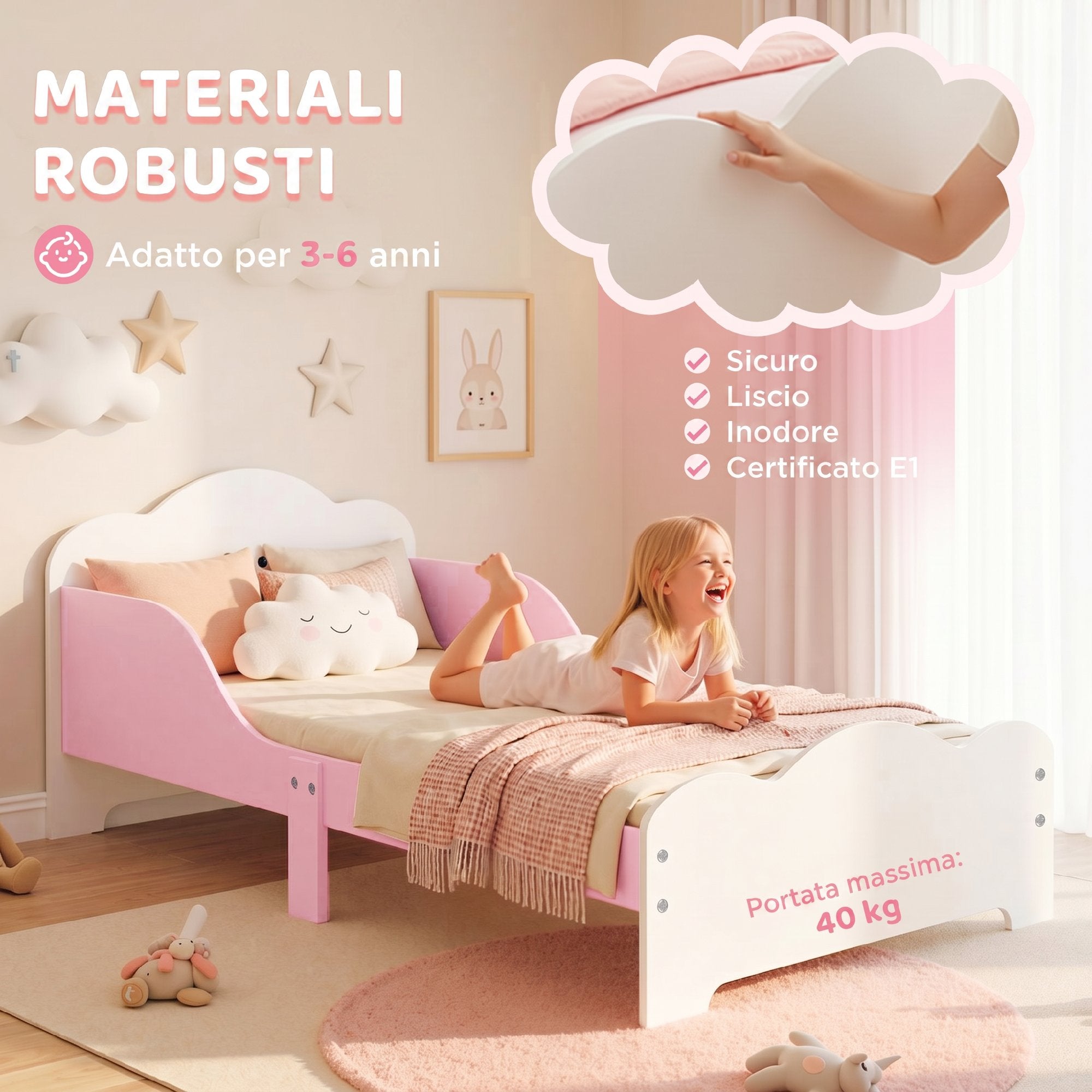 AIYAPLAY Montessori Bed for Children Ages 3-6, Wooden Bed with Raised Edges and Cute Prints, for Children's Bedroom, Pink