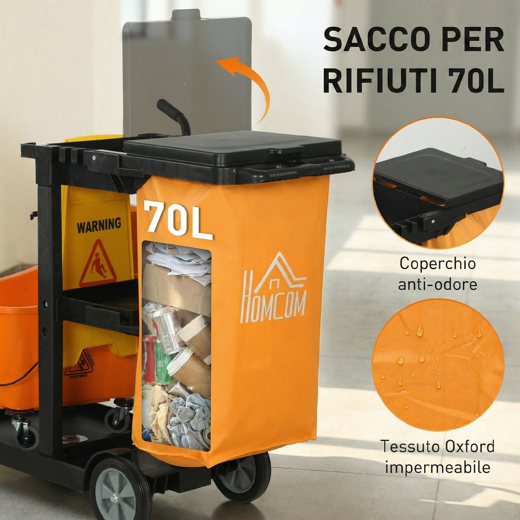 HOMCOM Cleaning Trolley: Wheels, 3 Shelves, 70L Bag, Bucket with Wringer.